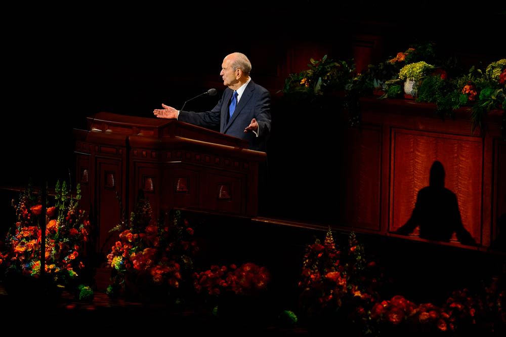 (Trent Nelson | The Salt Lake Tribune) President Russell M. Nelson speaks during the morning session of the189th Annual General Conference of The Church of Jesus Christ of Latter-day Saints in Salt Lake City on Sunday April 7, 2019.