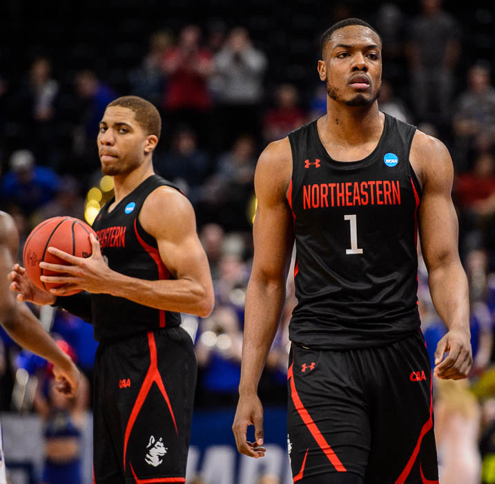 (Trent Nelson | The Salt Lake Tribune) Northeastern Huskies guard Donnell Gresham Jr. (22) and Northeastern Huskies guard Shawn Occeus (1) as Kansas faces Northeastern in the 2019 NCAA Tournament in Salt Lake City on Thursday March 21, 2019.