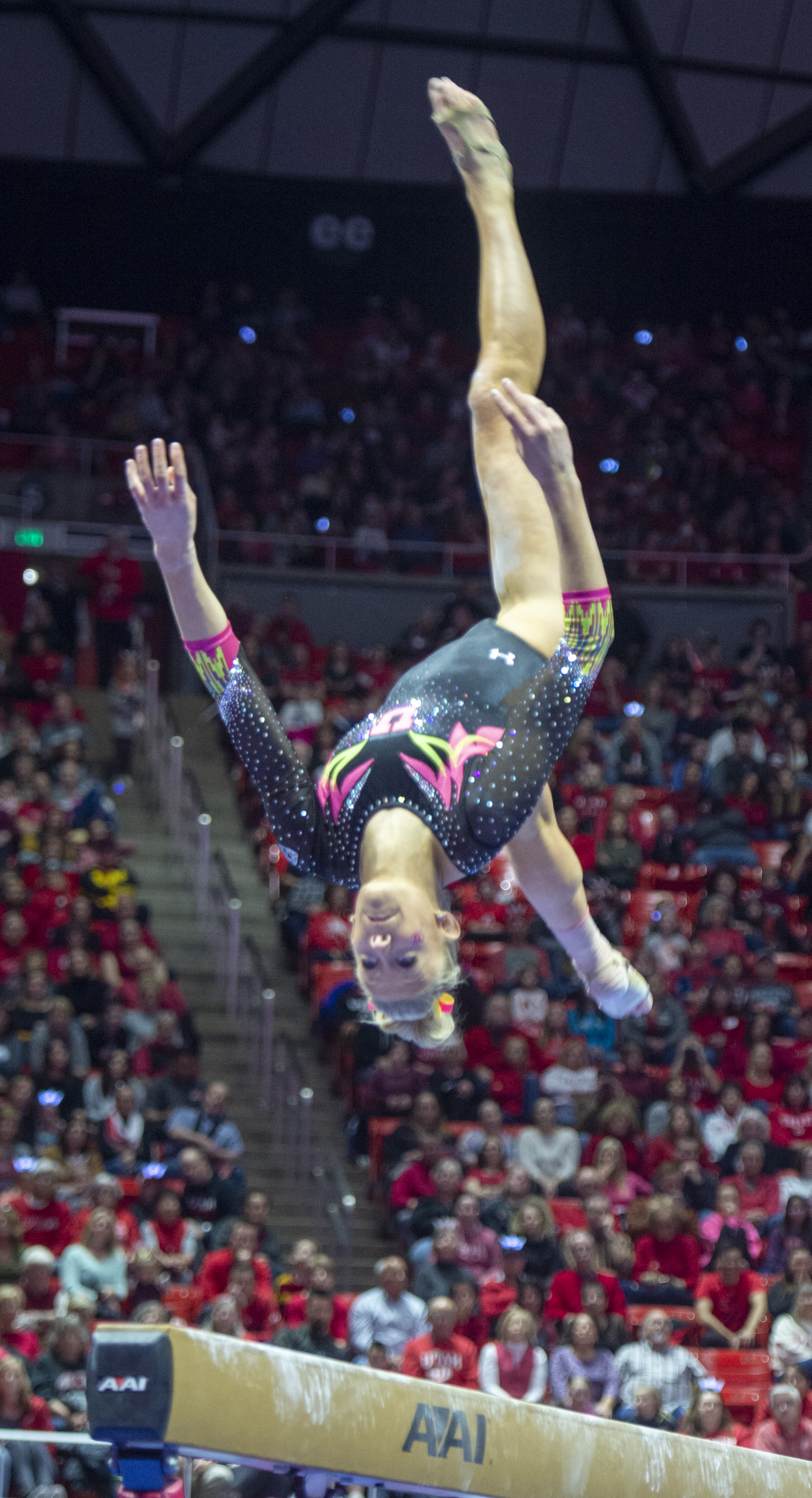(Rick Egan | The Salt Lake Tribune) Makenna Merrell-Giles competes on the balance beam, in PAC-12 Gymnastics action between the Utes and The California Golden Bears, in the Jon M. Huntsman Center, in Salt Lake City, Saturday, Feb. 9, 2019. Merrell -Giles won the All-round for the Utes. 