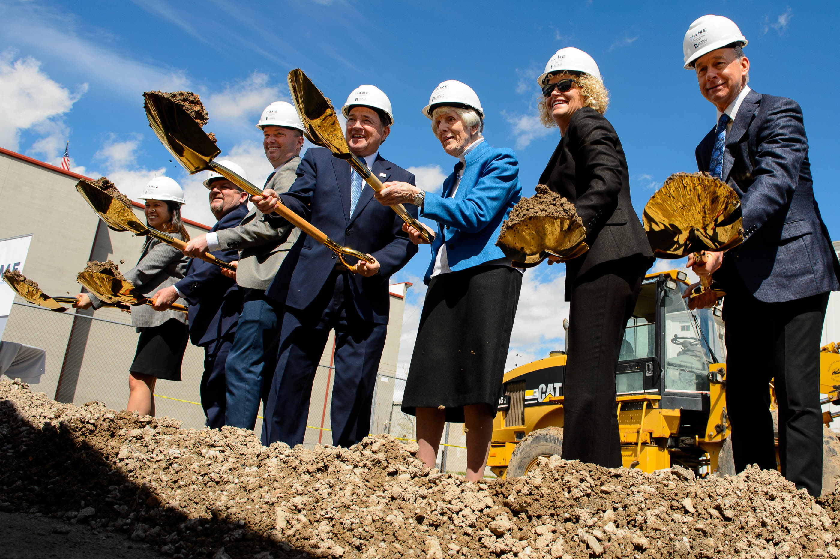 (Trent Nelson | The Salt Lake Tribune) The groundbreaking ceremony for Pamela's Place Apartments in Salt Lake City on Wednesday April 17, 2019. The development, named after Pamela Atkinson, a Utah-based humanitarian and advocate for people experiencing homelessness, will serve as a 100-unit permanent supportive housing complex by combining affordable housing assistance with voluntary support services to address the needs of chronically homeless people. From left are Evelyn Lim, Daniel Nackerman, Spencer Cox, Gary Herbert, Pamela Atkinson, Jackie Biskupski, and Grant Whitaker.