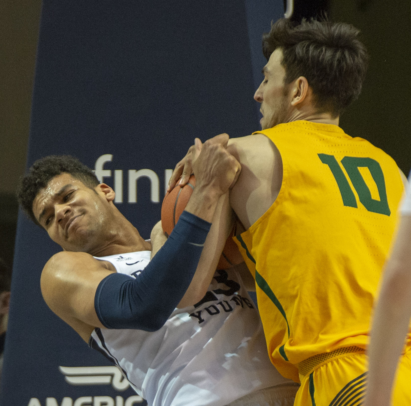 (Rick Egan | The Salt Lake Tribune) Brigham Young Cougars forward Yoeli Childs (23) battles San Francisco Dons forward Matt McCarthy (10) for the ball, in WCC basketball action between Brigham Young Cougars and San Francisco Dons, at the Marriott Center, Thursday, February 21, 2018. 