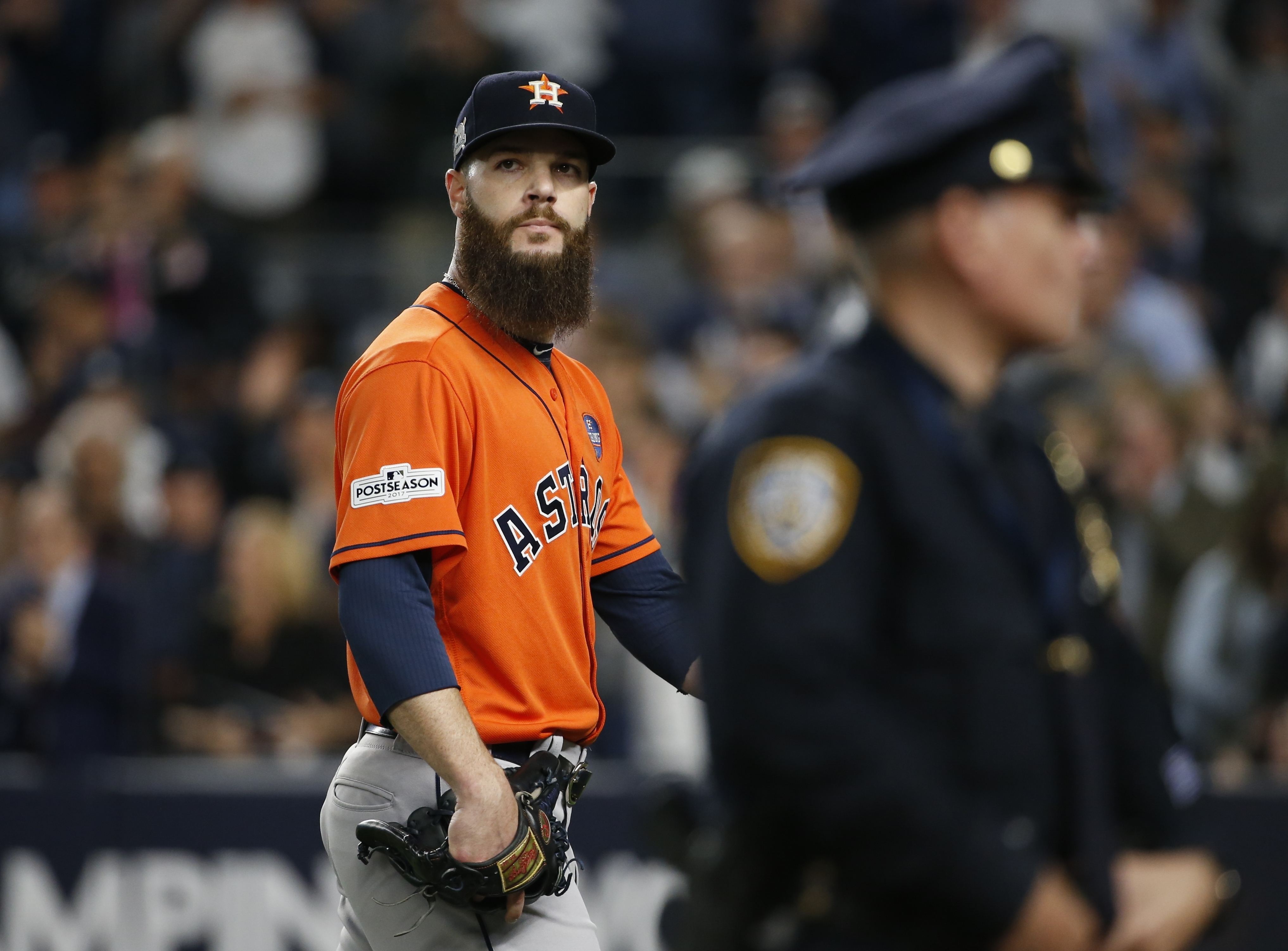 Houston Astros starting pitcher Dallas Keuchel looks back after being taken out of the game during the fifth inning of Game 5 of baseball's American League Championship Series against the New York Yankees Wednesday, Oct. 18, 2017, in New York. (AP Photo/Kathy Willens)