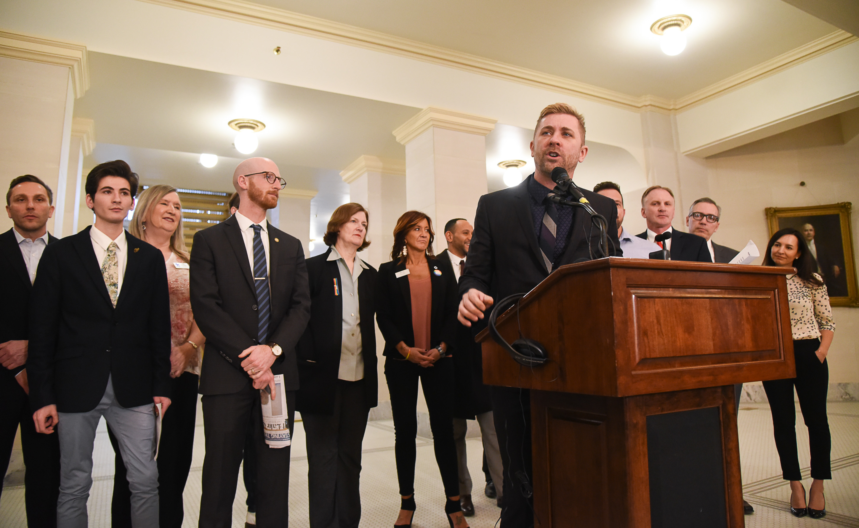 (Francisco Kjolseth | The Salt Lake Tribune) Equality Utah Executive Director Troy Williams talks about legislation being introduced at the Utah Capitol to ban conversion therapy on Thursday, Feb. 21, 2019.