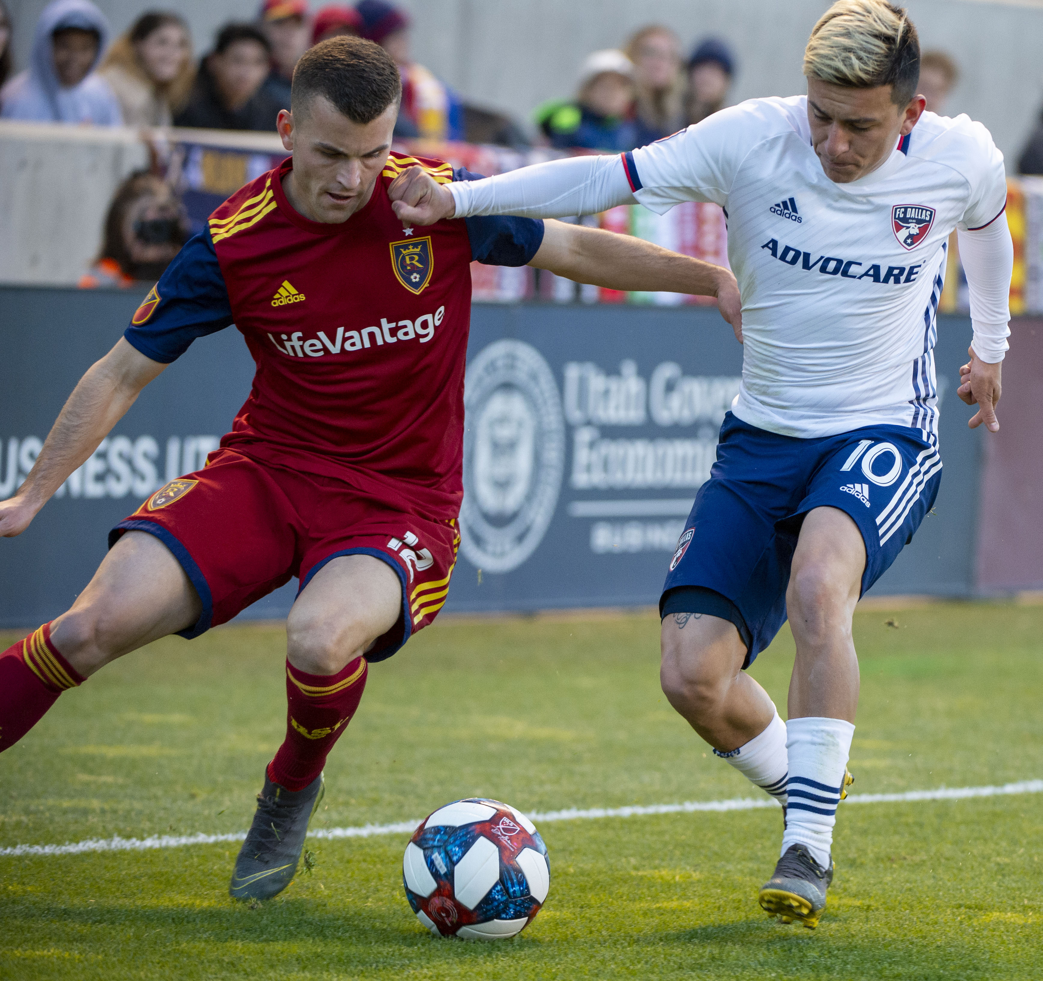 (Rick Egan | The Salt Lake Tribune) Real Salt Lake forward Brooks Lennon (12) goes for the ball along with FC Dallas midfielder Pablo Aranguiz, in MLS action between Real Salt Lake and FC Dallas, at Rio Tinto Stadium, Saturday, March 30, 2019. 