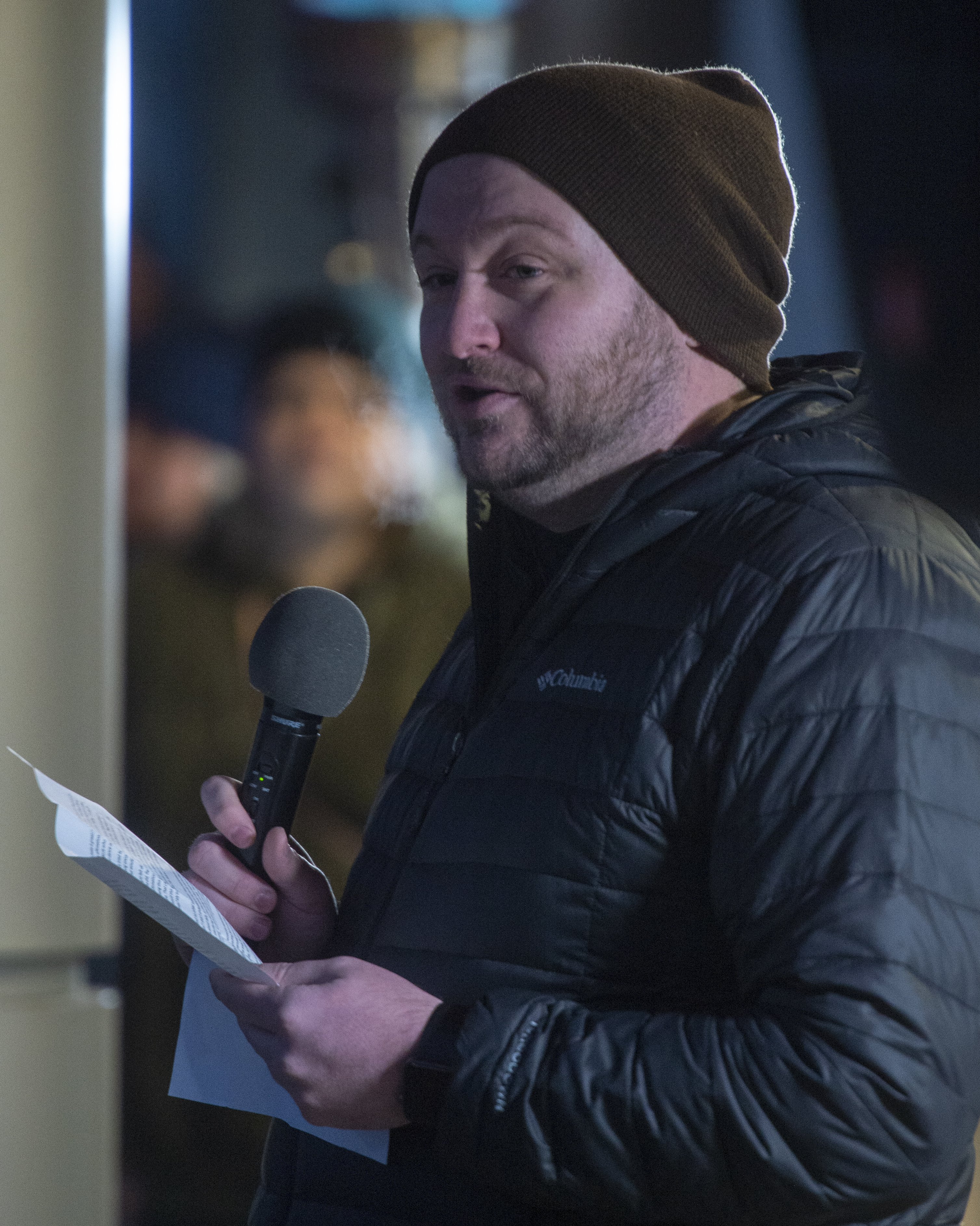 (Rick Egan | The Salt Lake Tribune) Michael Carter, a co-worker of David Stokoe, says a few words a vigil for Stokoe at the RanLife Home Loans building where he worked in Sandy, Monday, Jan. 21, 2019. 