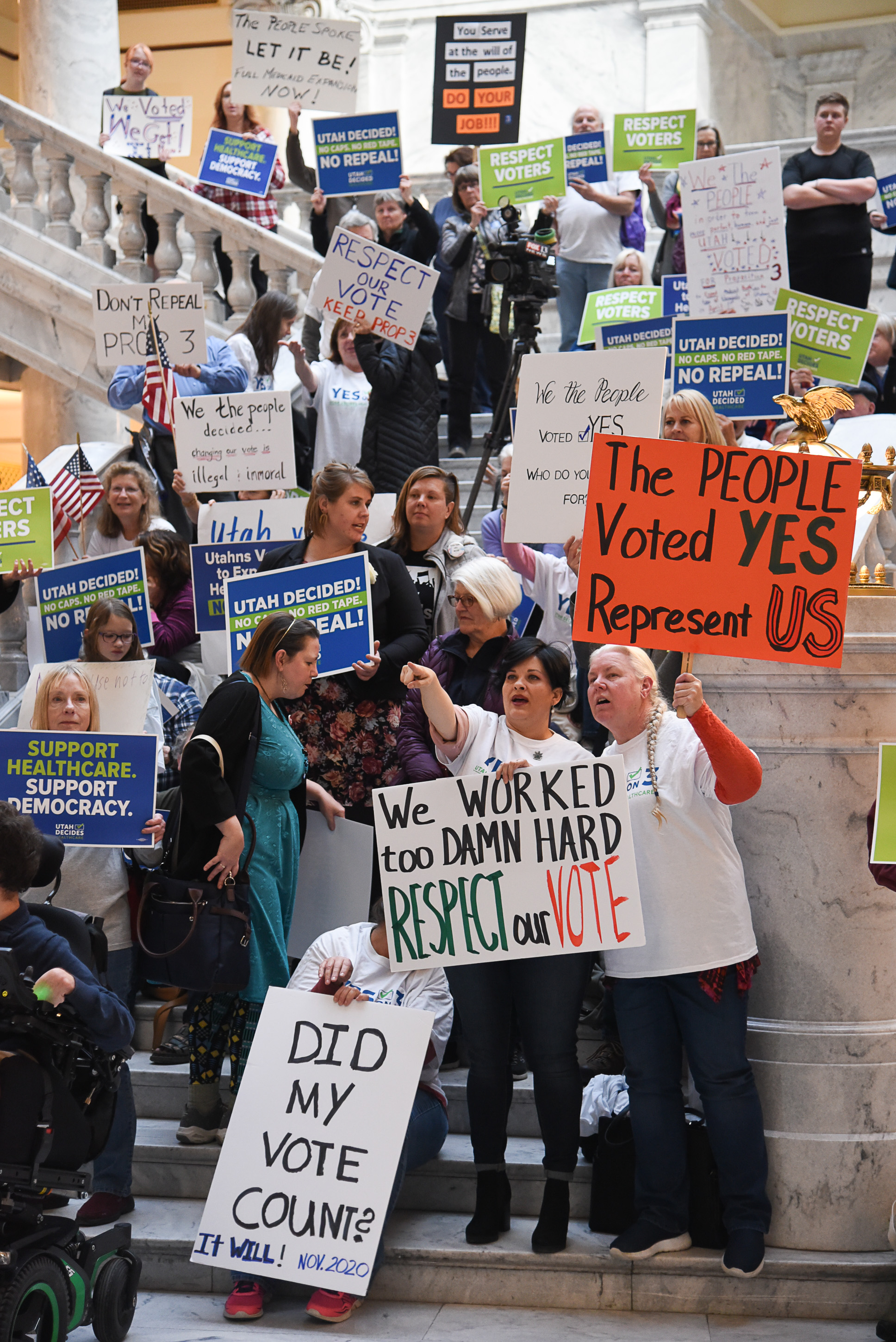 (Francisco Kjolseth | The Salt Lake Tribune) Over 300 demonstrators fill the Capitol rotunda on Monday, Jan, 28, 2019, on the first day of the Legislative session to rally in support of protecting Proposition 3, the Medicaid Expansion law recently passed by voters.