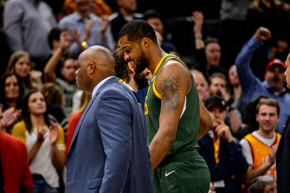 (Trent Nelson | The Salt Lake Tribune) Utah Jazz forward Derrick Favors (15) is ejected from the game as the Utah Jazz host the Denver Nuggets, NBA basketball in Salt Lake City on Wednesday Jan. 23, 2019.
