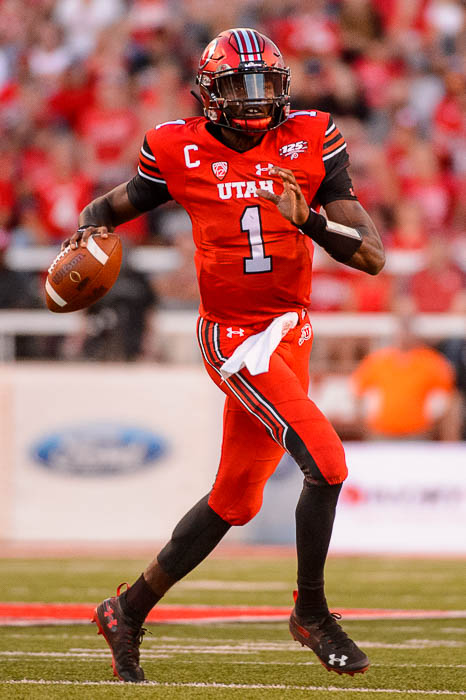 (Trent Nelson | The Salt Lake Tribune) Utah Utes quarterback Tyler Huntley (1) as the University of Utah Utes host the Weber State Wildcats, Thursday Aug. 30, 2018 at Rice-Eccles Stadium in Salt Lake City.