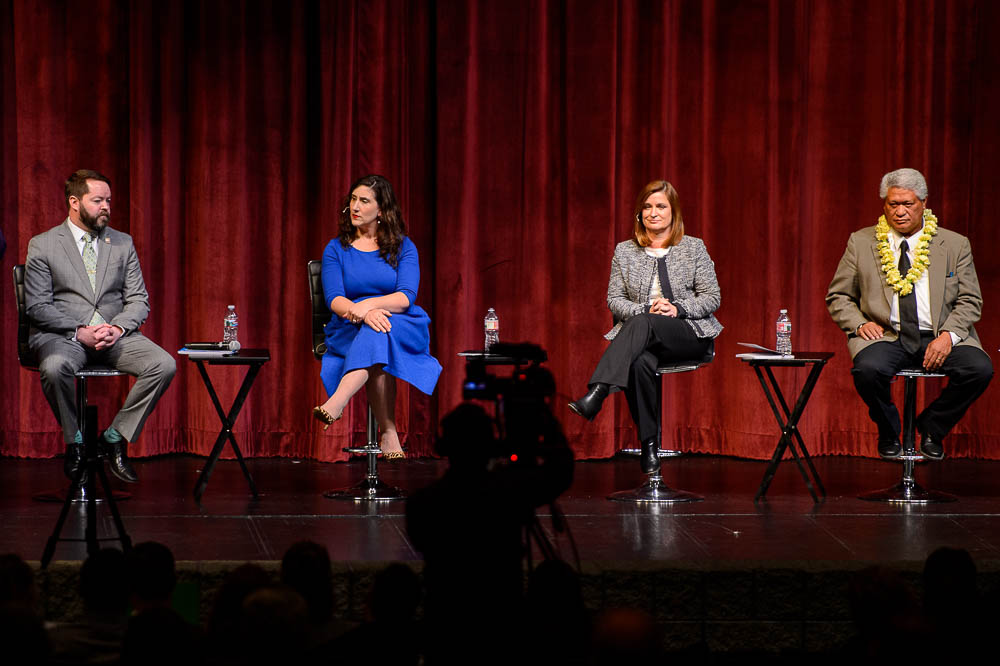 (Trent Nelson | The Salt Lake Tribune) The four candidates for Salt Lake County mayor face off in a debate at Jordan High School in Sandy on Thursday Jan. 24, 2019. From left, Arlyn Bradshaw, Shireen Ghorbani, Jenny Wilson, and Stone Fonua.