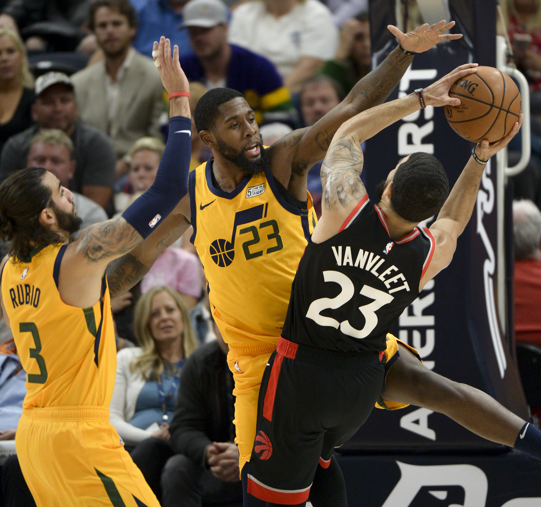 Leah Hogsten | The Salt Lake Tribune Utah Jazz forward Royce O'Neale (23) tries to stop Toronto Raptors guard Fred VanVleet (23)as the Utah Jazz host the Toronto Raptors, Monday, Nov. 5, 2018 at Vivant Smart Home Arena.
