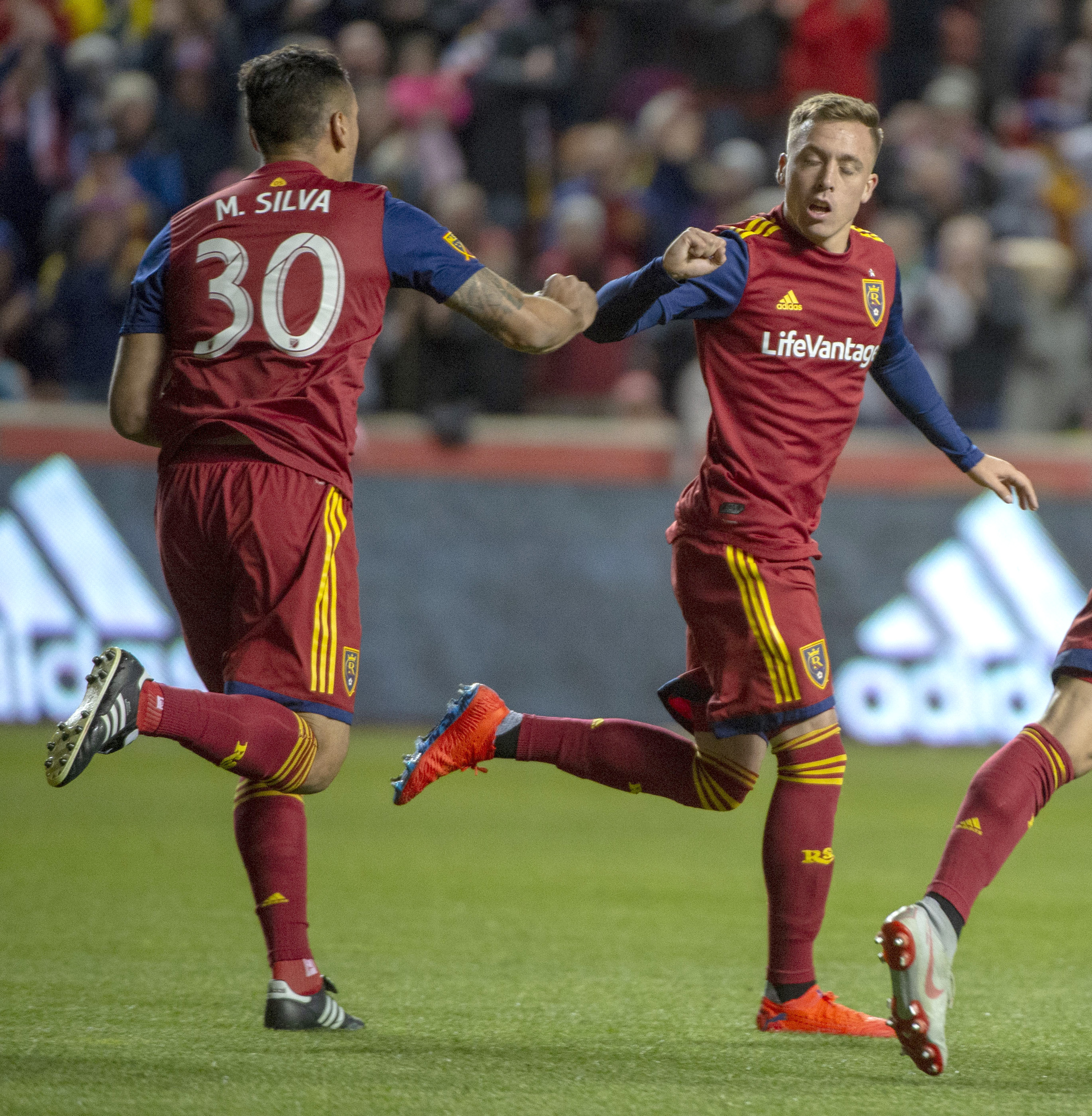(Rick Egan | The Salt Lake Tribune) Real Salt Lake forward Corey Baird (17) congratulates Real Salt Lake defender Marcelo Silva (30) after he scored a goal, in MLS action between Real Salt Lake and FC Dallas, at Rio Tinto Stadium, Saturday, March 30, 2019. 