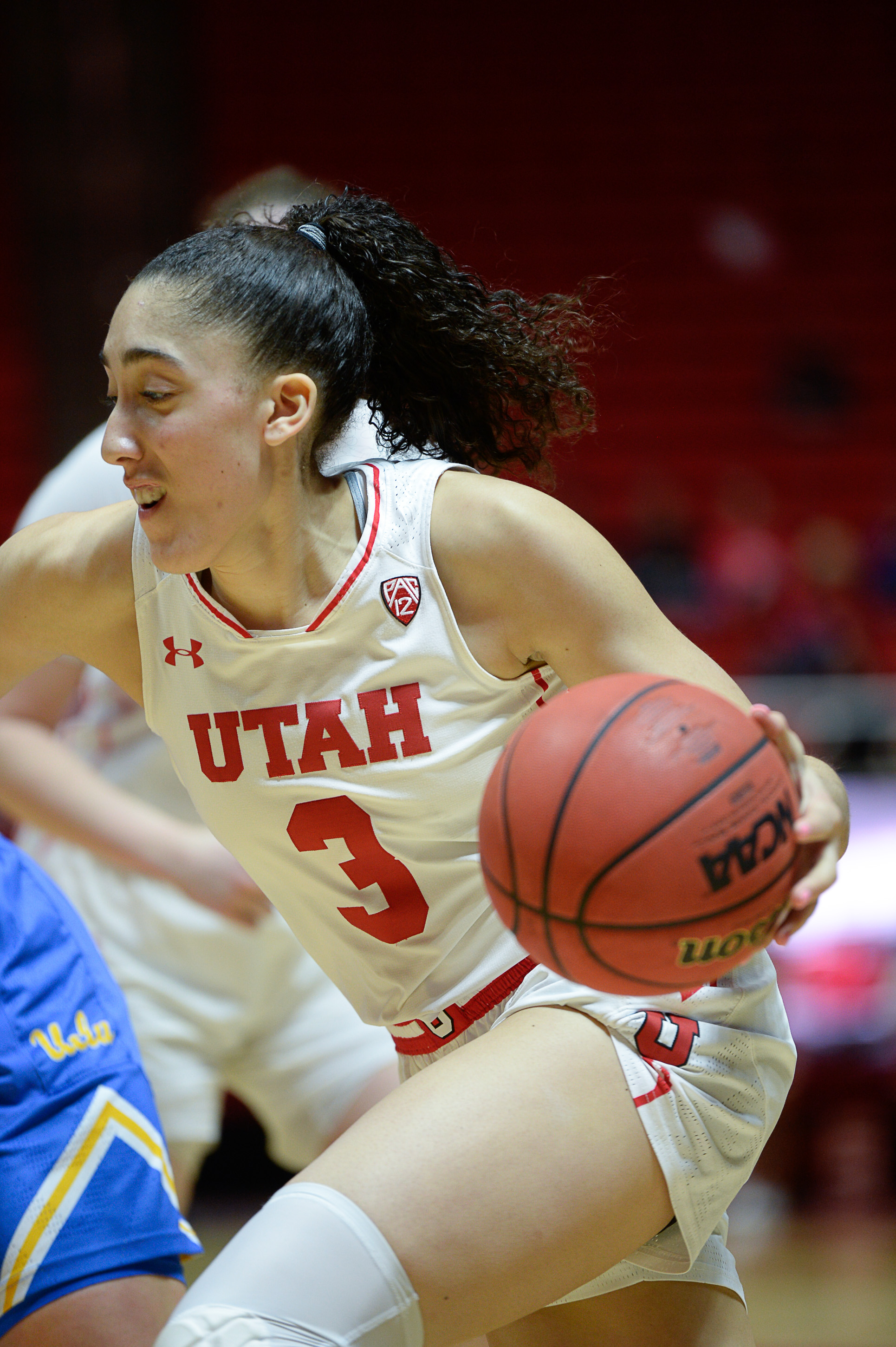 (Francisco Kjolseth | The Salt Lake Tribune) Utah Utes guard/forward Niyah Becker (3) drives the ball against UCLA at the Jon M. Huntsman Center in Salt Lake City on Sunday, Feb. 10, 2019.