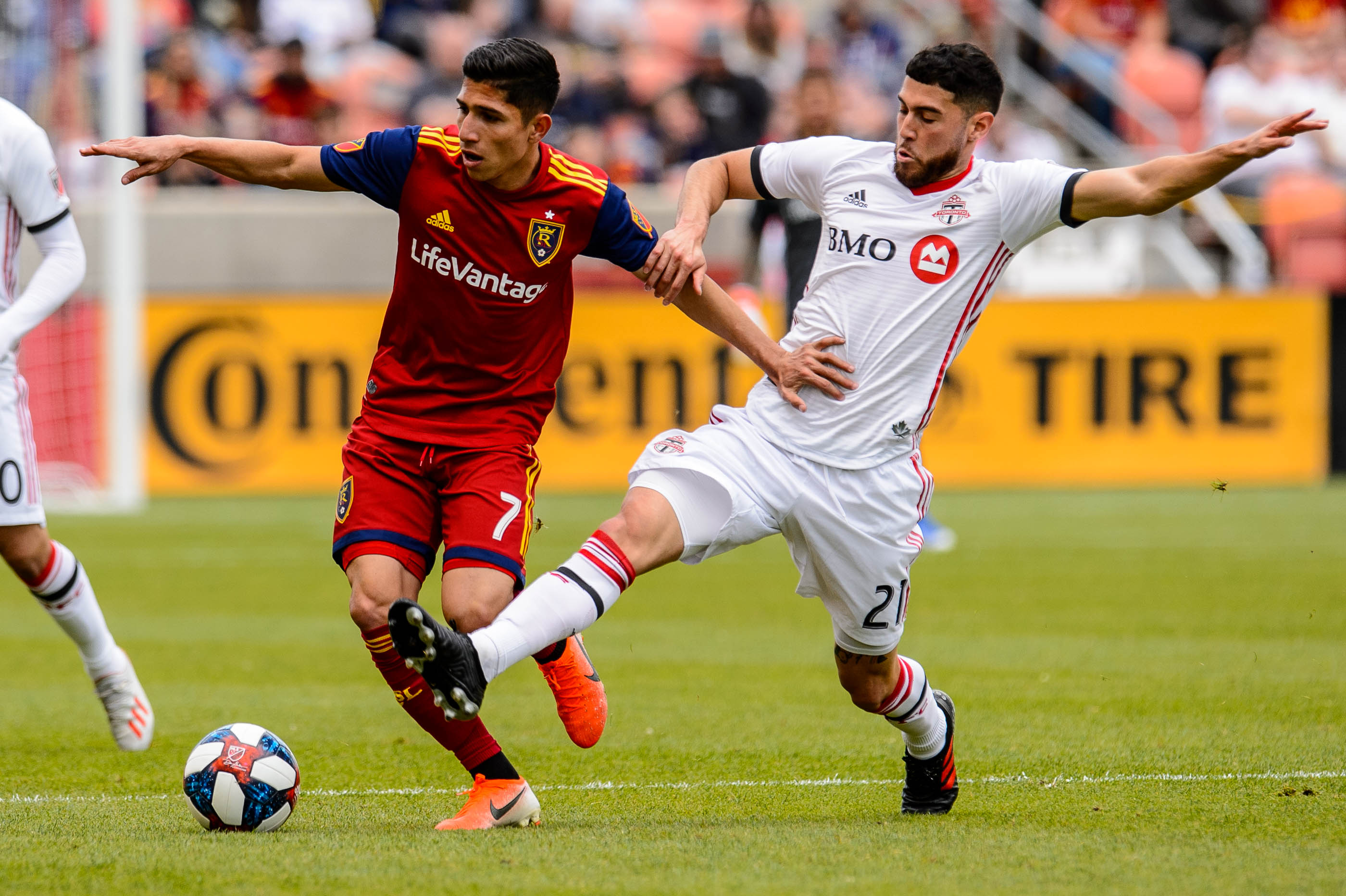 (Trent Nelson | The Salt Lake Tribune) Real Salt Lake forward Jefferson Savarino (7) and Toronto FC midfielder Jonathan Osorio (21) as Real Salt Lake hosts Toronto FC, MLS Soccer at Rio Tinto Stadium in Sandy on Saturday May 18, 2019.