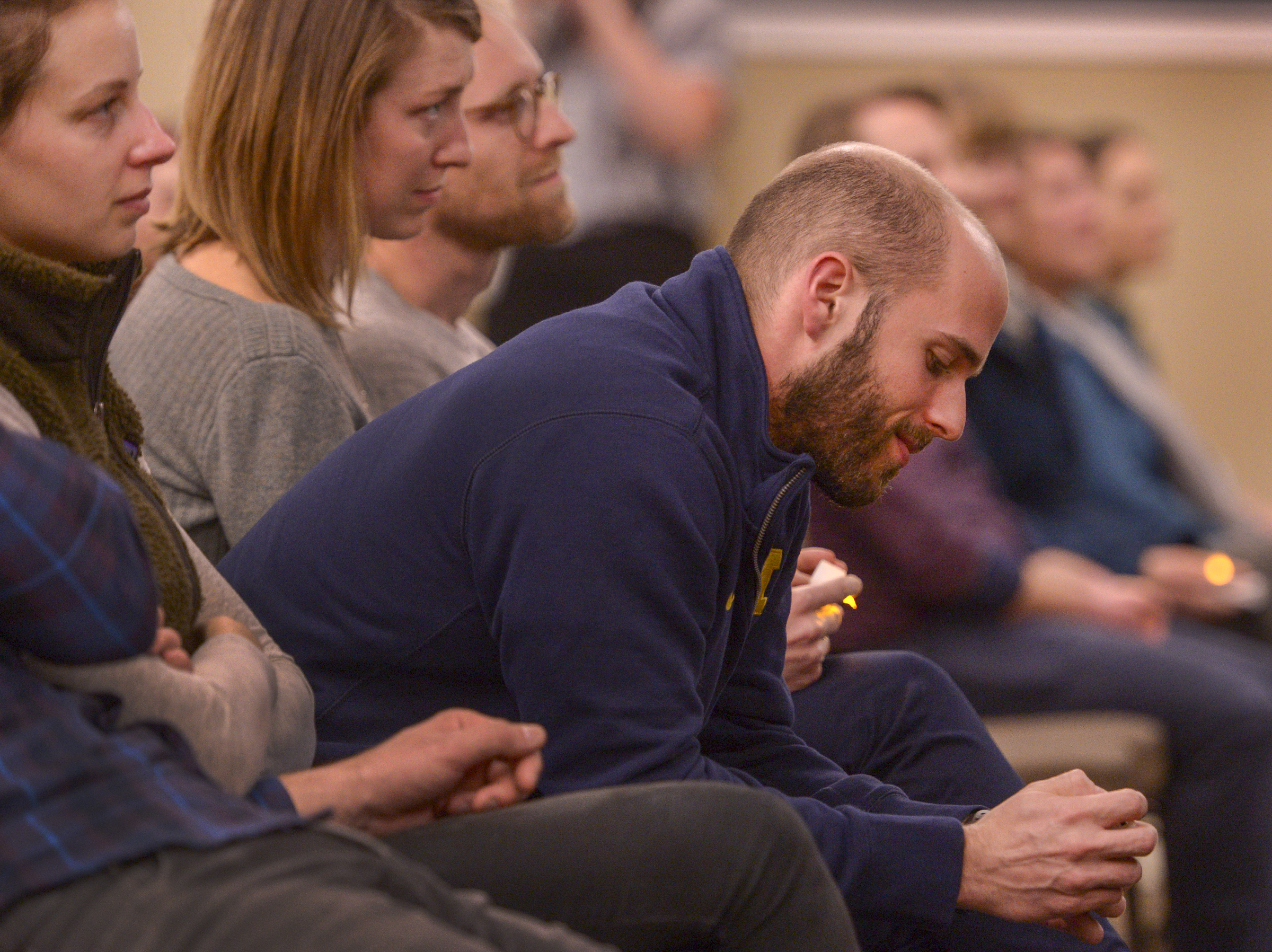 Leah Hogsten | The Salt Lake Tribune Noah Zucker smiles as fellow medical interns and faculty recount stories and memories in the honor and memory of Sarah Hawley during the University of Utah's School of Medicine's candlelight vigil, Feb. 4, 2019. Zucker even told one of his own about Hawley, recounting how considerate she was to other people and their feelings. On Jan. 27, 2019 Salt Lake City police found 27-year-old physician Sarah Hawley and her boyfriend, Travis Geddes, dead at their Sugar House home. Geddes, 30, shot Hawley before killing himself.