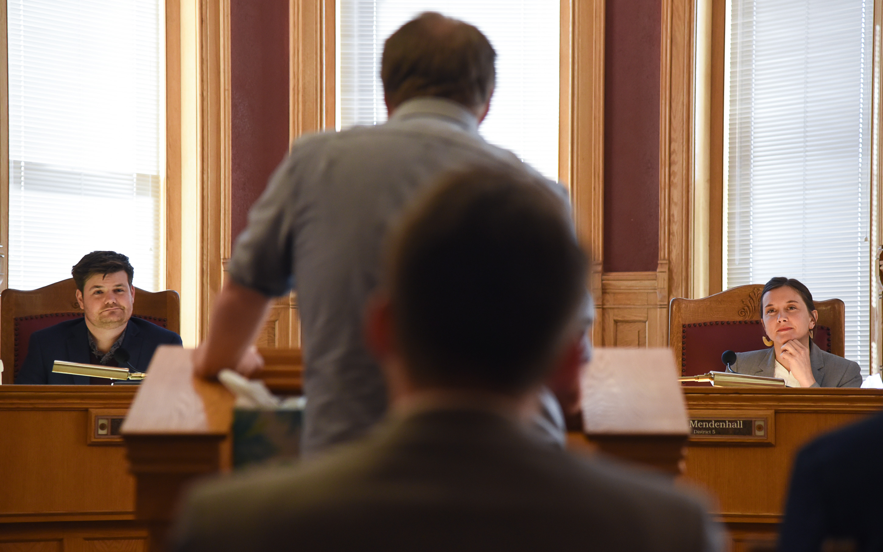 (Francisco Kjolseth | The Salt Lake Tribune) Salt Lake Council members Chris Wharton, left, and Erin Mendenhall listen as District 4 candidate hopeful Michael Iverson addresses as it interviews candidates at its work session meeting on Tuesday, Jan. 22, 2019, to fill a vacancy for District 4 left by former Councilman Derek Kitchen, who is now serving as a state senator. A total of 22 had applied, two dropped out and two weren't present to speak in council chambers where each candidate was given 5 minutes to speak and promote why they would be the best choice for the position. 
