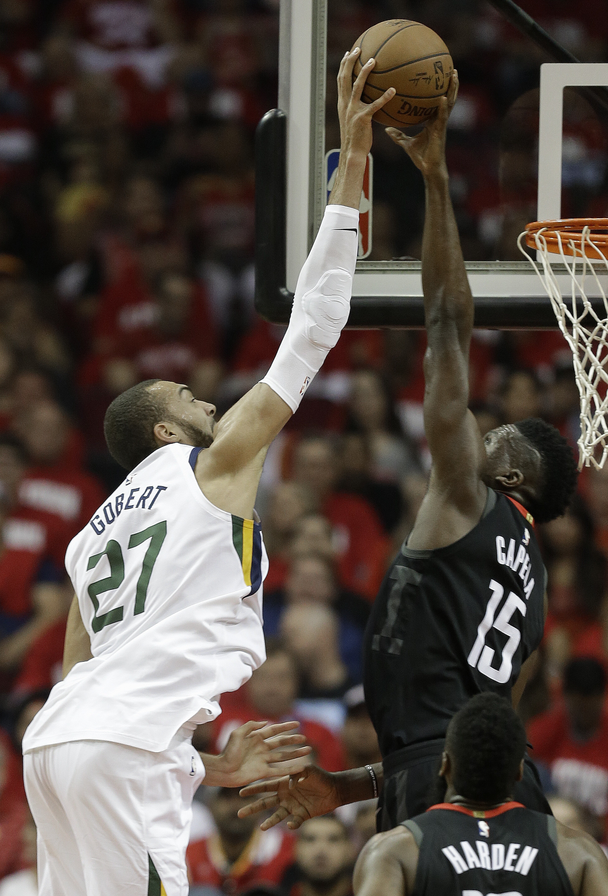Houston Rockets center Clint Capela (15) blocks the shot of Utah Jazz center Rudy Gobert during the first half in Game 2 of an NBA basketball second-round playoff series, Wednesday, May 2, 2018, in Houston. (AP Photo/Eric Christian Smith)