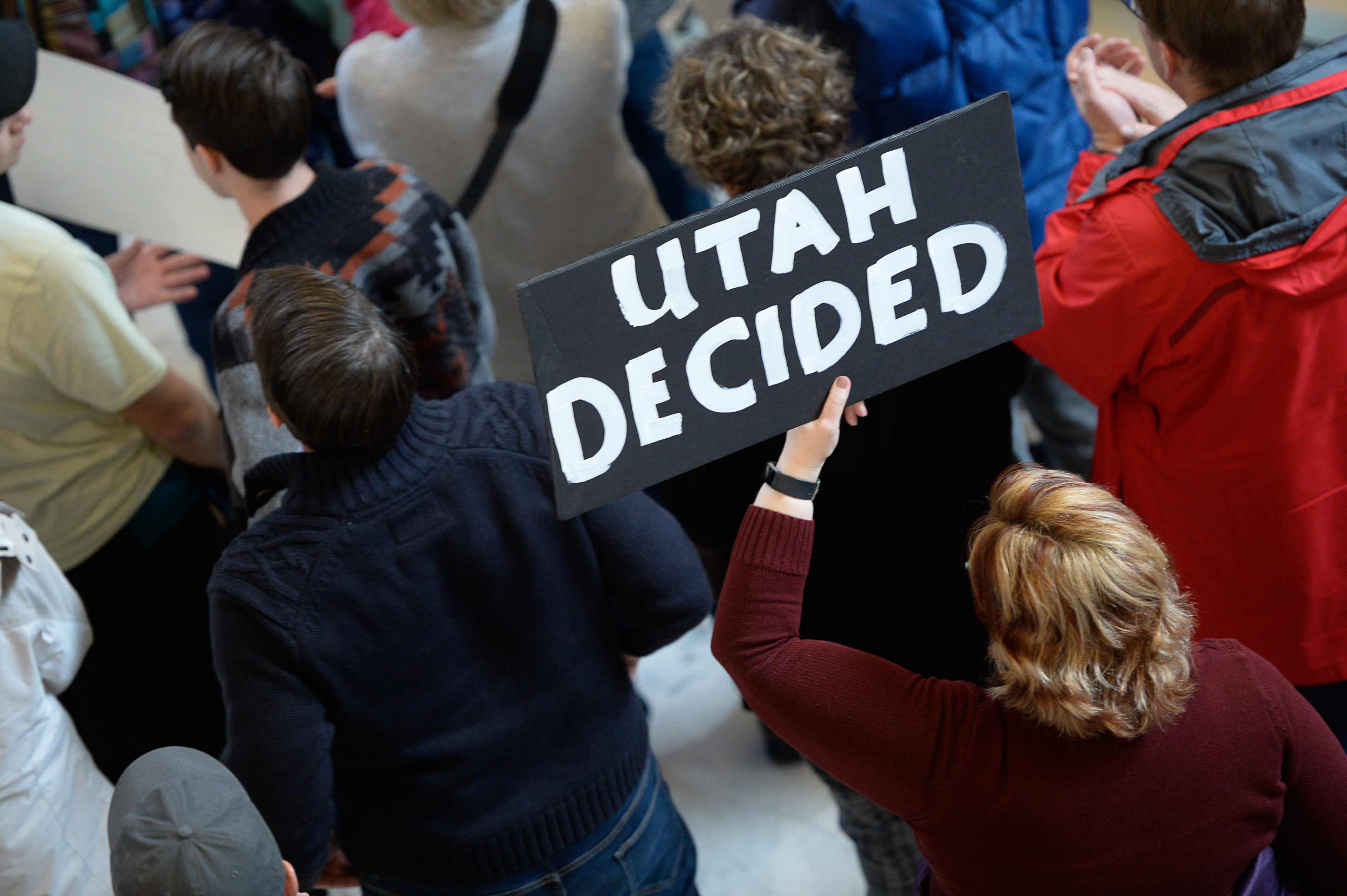 (Francisco Kjolseth | The Salt Lake Tribune) Wendy Davis joins the demonstration in the Capitol rotunda on Monday, Jan, 28, 2019, on the first day of the Legislative session to rally in support of protecting Proposition 3, the Medicaid Expansion law recently passed by voters.