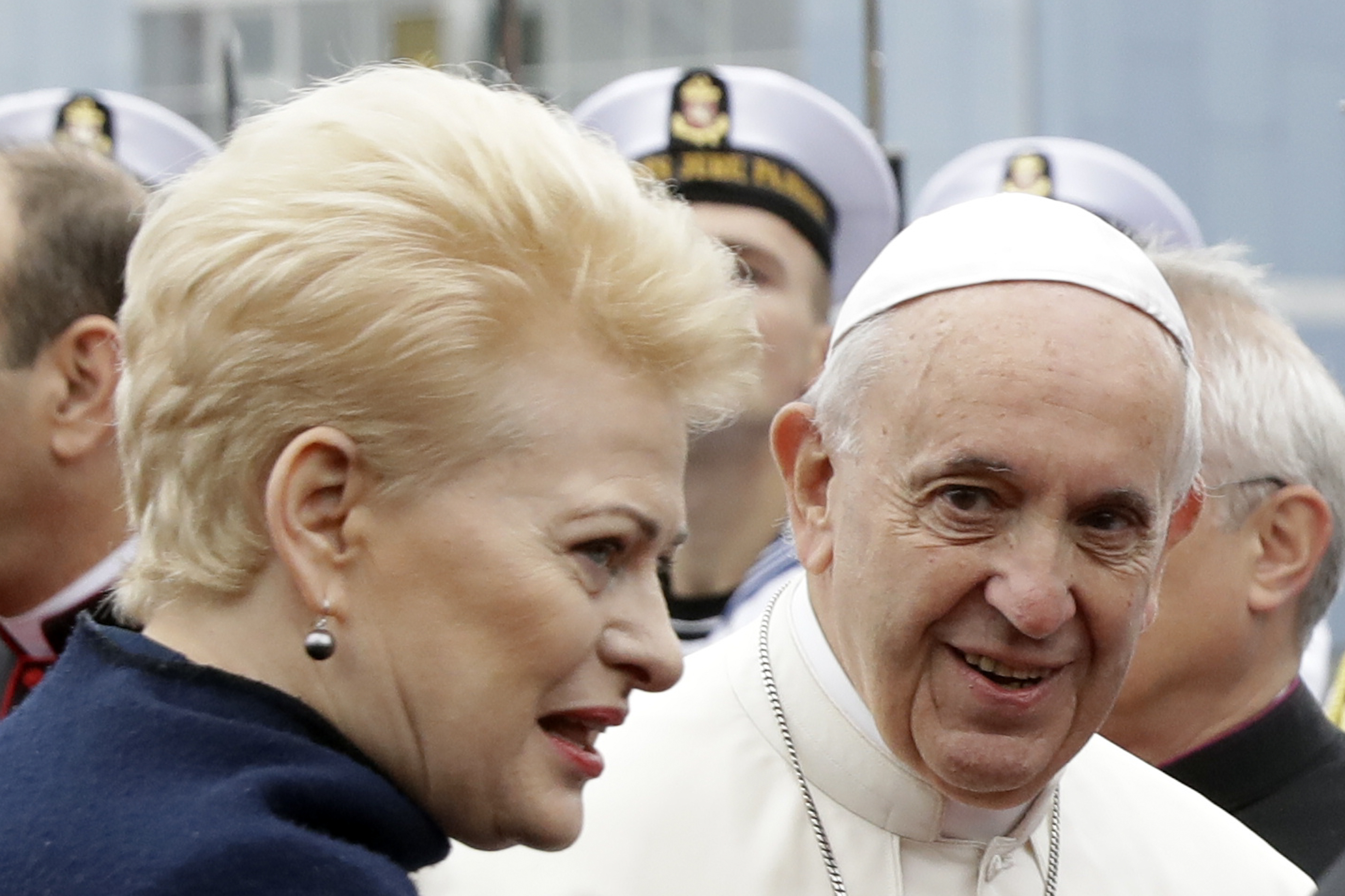 (Andrew Medichini | AP Photo) Pope Francis is welcomed by Lithuanian President Dalia Grybauskaite as he arrives at Vilnius airport, Lithuania, Saturday, Sept. 22, 2018. Pope Francis begins a four-day visit to the Baltics amid renewed alarm about Moscow's intentions in the region it has twice occupied.
