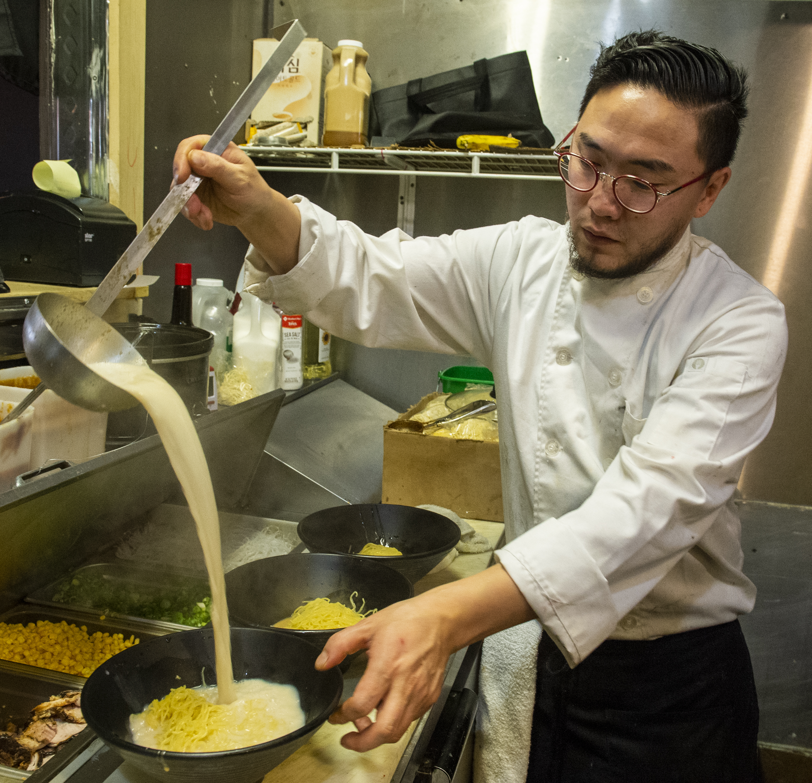 (Rick Egan | The Salt Lake Tribune) Sergei Oveson prepares bowls on Ramen at the Ramen Bar in Salt Lake City, Wednesday, Jan. 16, 2019. 