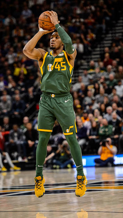(Trent Nelson | The Salt Lake Tribune) Utah Jazz guard Donovan Mitchell (45) shoots a three-pointer as the Utah Jazz host the Denver Nuggets, NBA basketball in Salt Lake City on Wednesday Jan. 23, 2019.