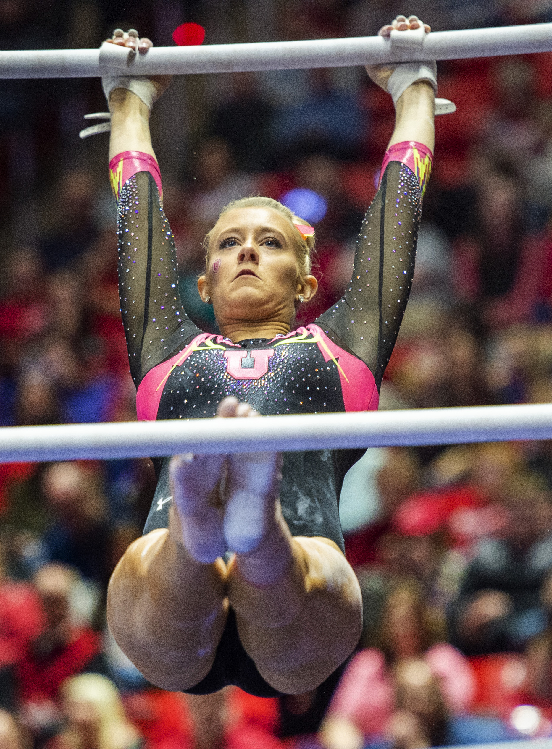 (Rick Egan | The Salt Lake Tribune) Makenna Merrell-Giles competes on the uneven bars, in PAC-12 Gymnastics action between the Utes and The California Golden Bears, in the Jon M. Huntsman Center, in Salt Lake City, Saturday, Feb. 9, 2019. Merrell -Giles won the All-round for the Utes. 