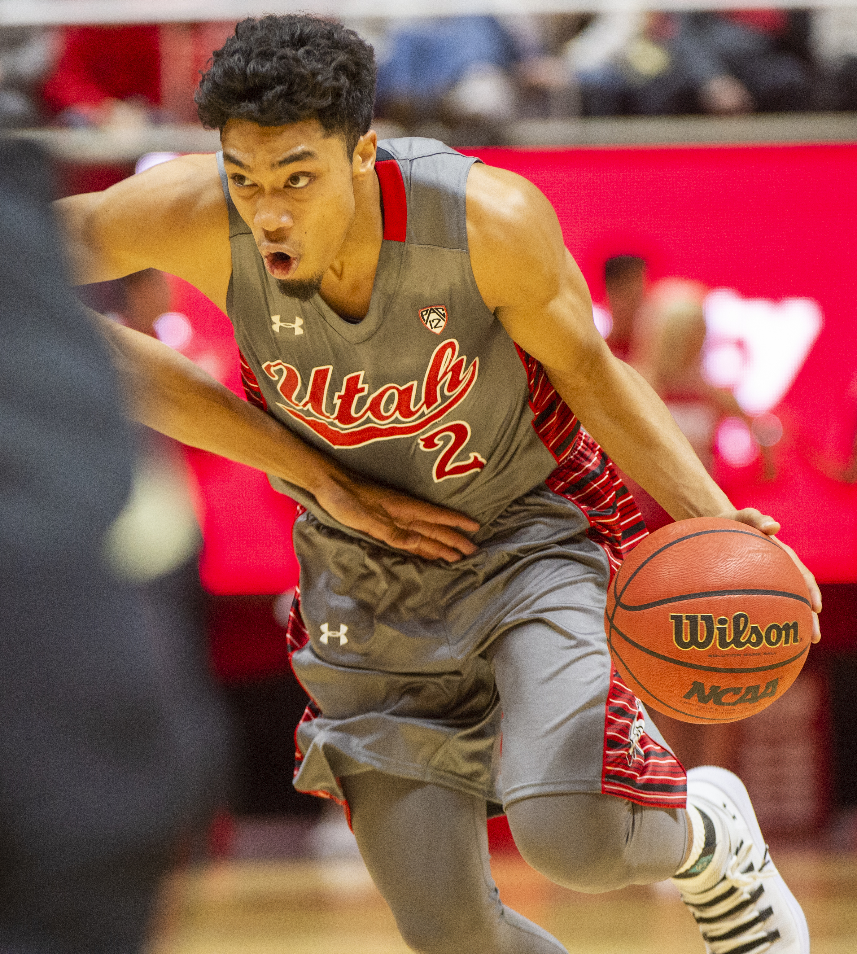 (Rick Egan | The Salt Lake Tribune) Utah Utes guard Sedrick Barefield (2) drives inside with the ball, in PAC-12 basketball action between the Utah Utes and the Colorado Buffaloes at the Jon M. Huntsman Center, Sunday, Jan. 20, 2019. 