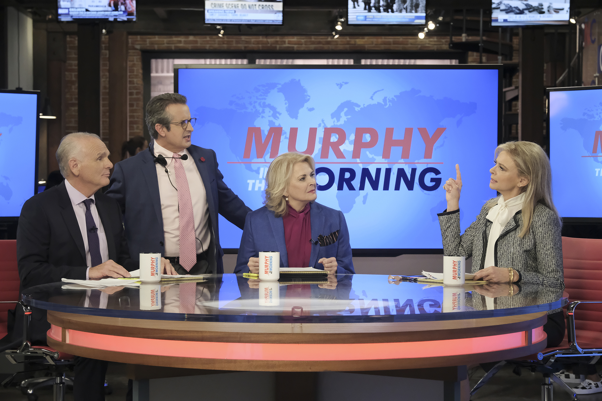 (Photo courtesy Jojo Whilden/CBS) Joe Regalbuto as Frank Fontana, Grant Shaud as Miles Silverberg, Candice Bergen as Murphy Brown, and Faith Ford as Corky Sherwood in “Murphy Brown.”