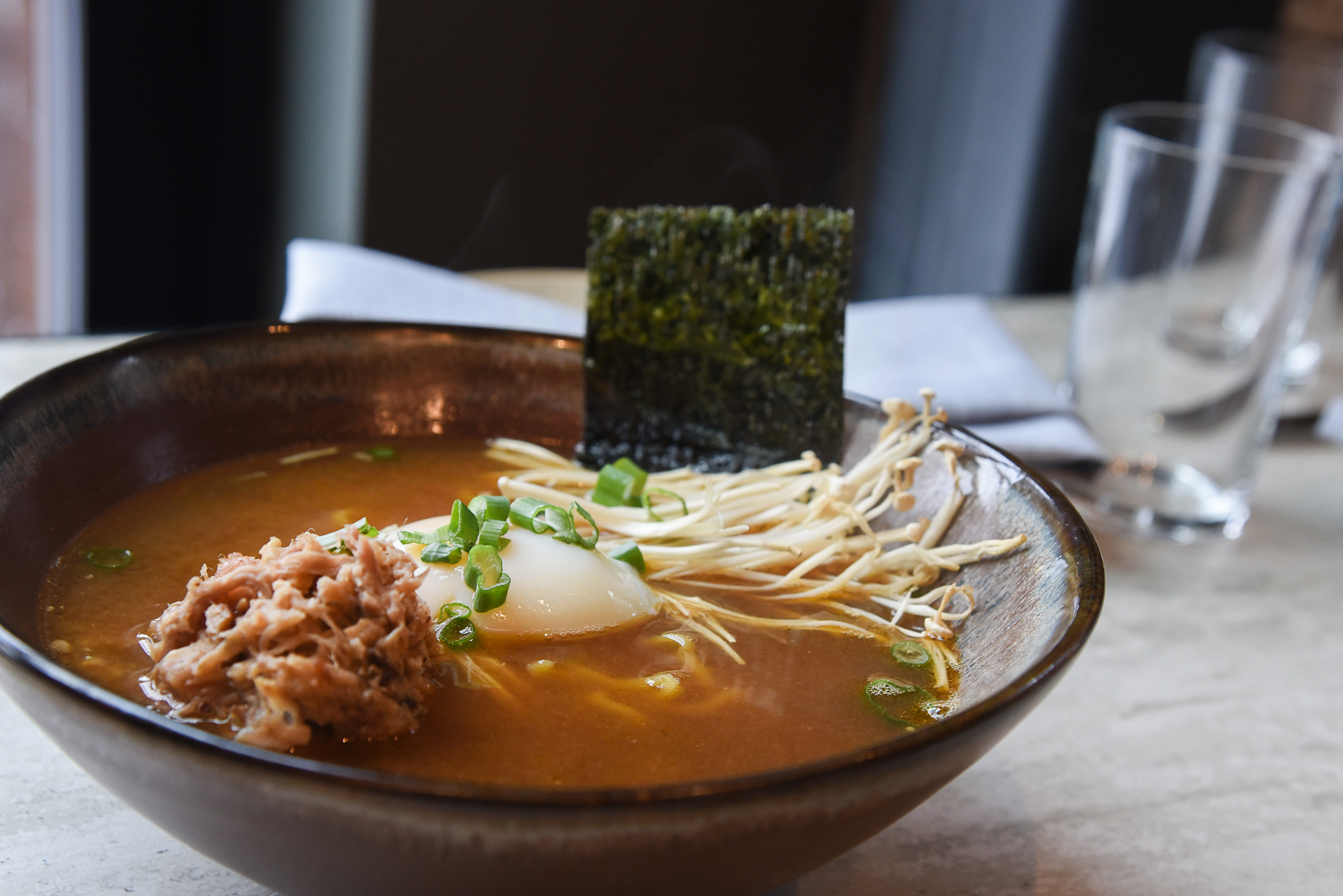 (Francisco Kjolseth | The Salt Lake Tribune) Ramen with shredded pork, scallion, soft egg, enoki mushroom, nori and kimchee at Hearth & Hill a new restaurant in Kimball Junction that serves upscale comfort food at 1153 Center Drive in the Newpark Retail Center is one of the new restaurants available to try before (or after) the Sundance Film Festival. 