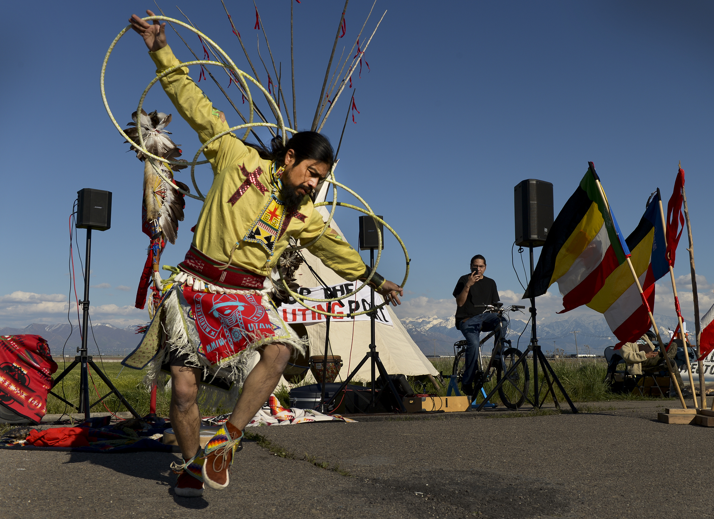 Leah Hogsten | The Salt Lake Tribune Carl Moore, a Hopi and Chemehuevi Native American performs a hoop dance in honor of Mother Earth. Moore also made offerings, sang and gave a prayer during the May Day celebration. The "Stop the Polluting Port" community coalition staged a May Day celebration, calling for respect and awareness of the water, earth and air regarding the 20,000 acres west of Salt Lake City where the inland port industrial site has been proposed.