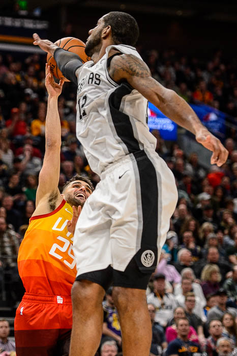 (Trent Nelson | The Salt Lake Tribune) Utah Jazz guard Raul Neto (25) shoots with San Antonio Spurs center LaMarcus Aldridge (12) defending as the Utah Jazz host the San Antonio Spurs, NBA basketball in Salt Lake City on Saturday Feb. 9, 2019.