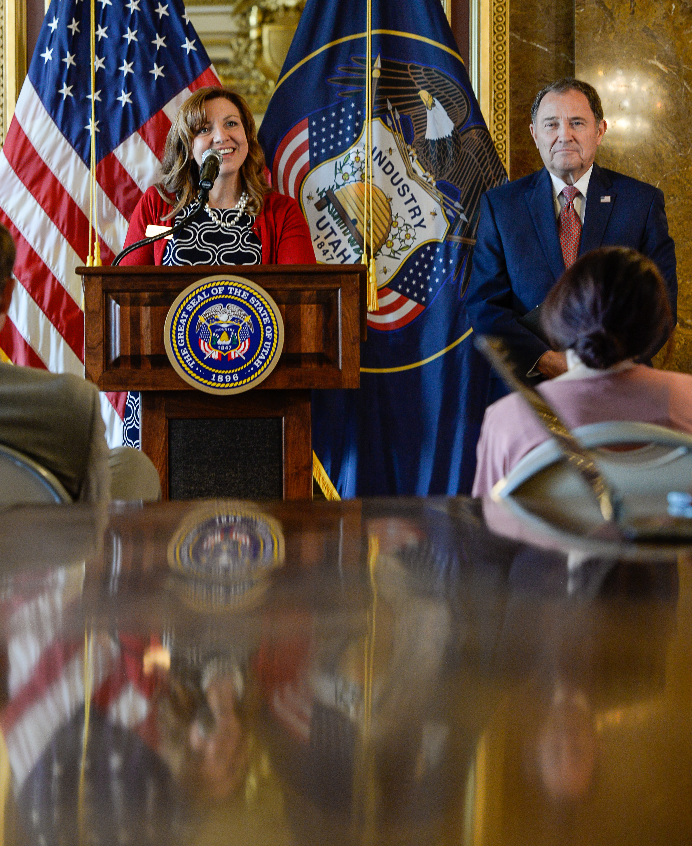 (Francisco Kjolseth | The Salt Lake Tribune) Aaryn Birchell, 2017-2018 Utah Teacher of the Year, is joined by Governor Gary Herbert at the Utah Capitol as they discuss UtahÕs teacher shortage and issue a call for more teachers during a press event on Wed. Sept. 12, 2018. 