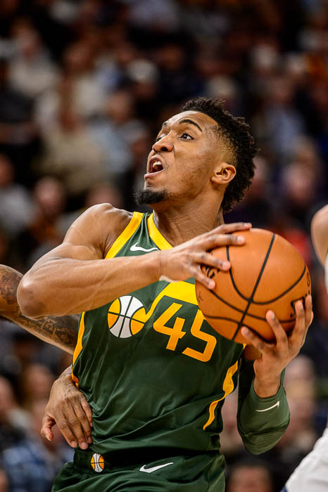 (Trent Nelson | The Salt Lake Tribune) Utah Jazz guard Donovan Mitchell (45) drives to the basket as the Utah Jazz host the Denver Nuggets, NBA basketball in Salt Lake City on Wednesday Jan. 23, 2019.