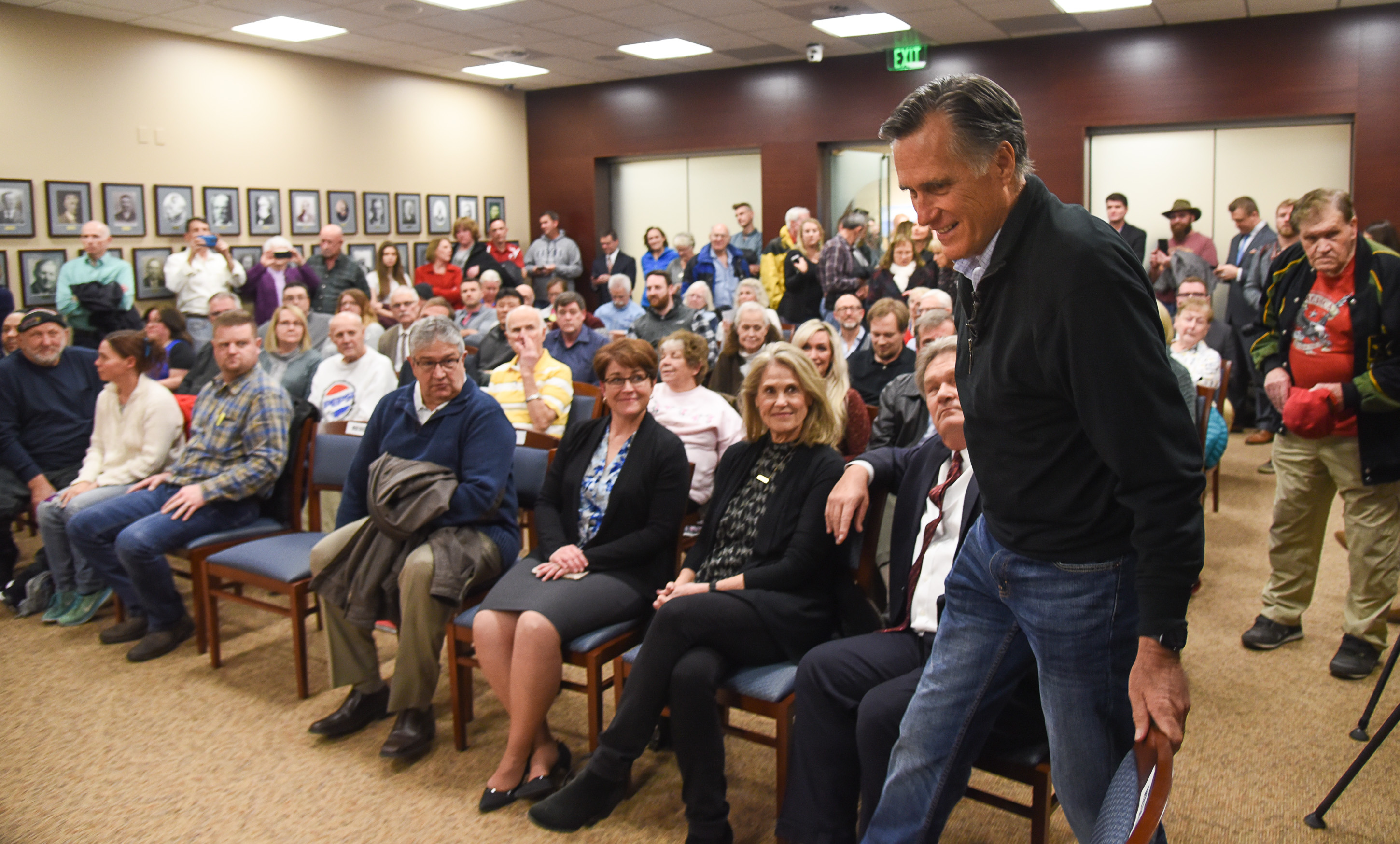 (Francisco Kjolseth | The Salt Lake Tribune) U.S. Senator Mitt Romney arrives for his town hall meeting at the Davis County administration building, Tuesday, January 22, 2019, to hear from local residents.