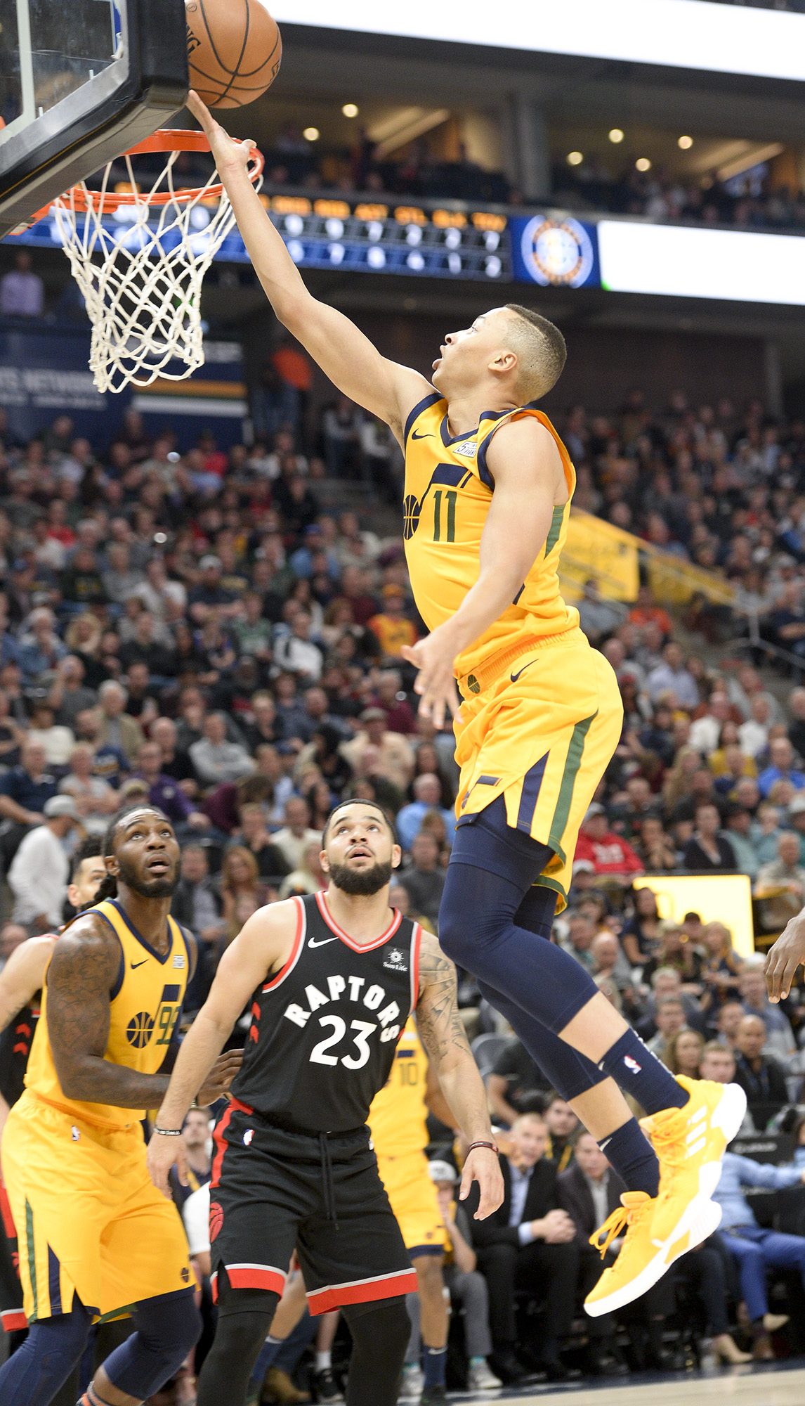 Leah Hogsten | The Salt Lake Tribune Utah Jazz guard Dante Exum (11) for two as the Utah Jazz host the Toronto Raptors, Monday, Nov. 5, 2018 at Vivant Smart Home Arena.