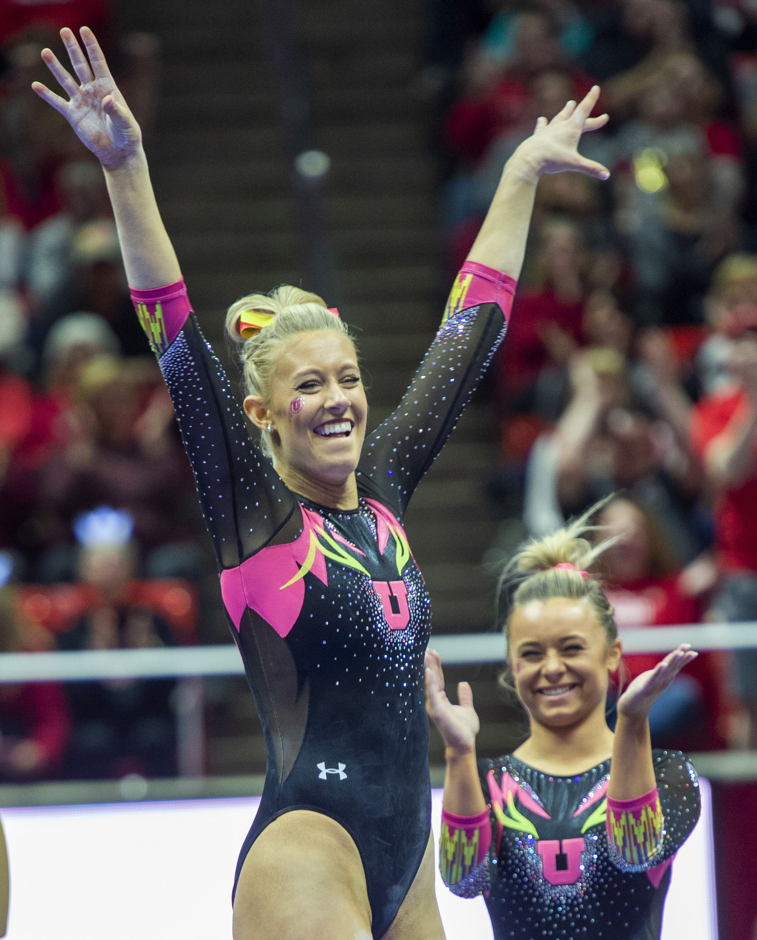 (Rick Egan | The Salt Lake Tribune) Makenna Merrell-Giles reacts after finishing her routine on the beam, in PAC-12 Gymnastics action between the Utes and The California Golden Bears, in the Jon M. Huntsman Center, in Salt Lake City, Saturday, Feb. 9, 2019. Merrell -Giles won the All-round for the Utes. 