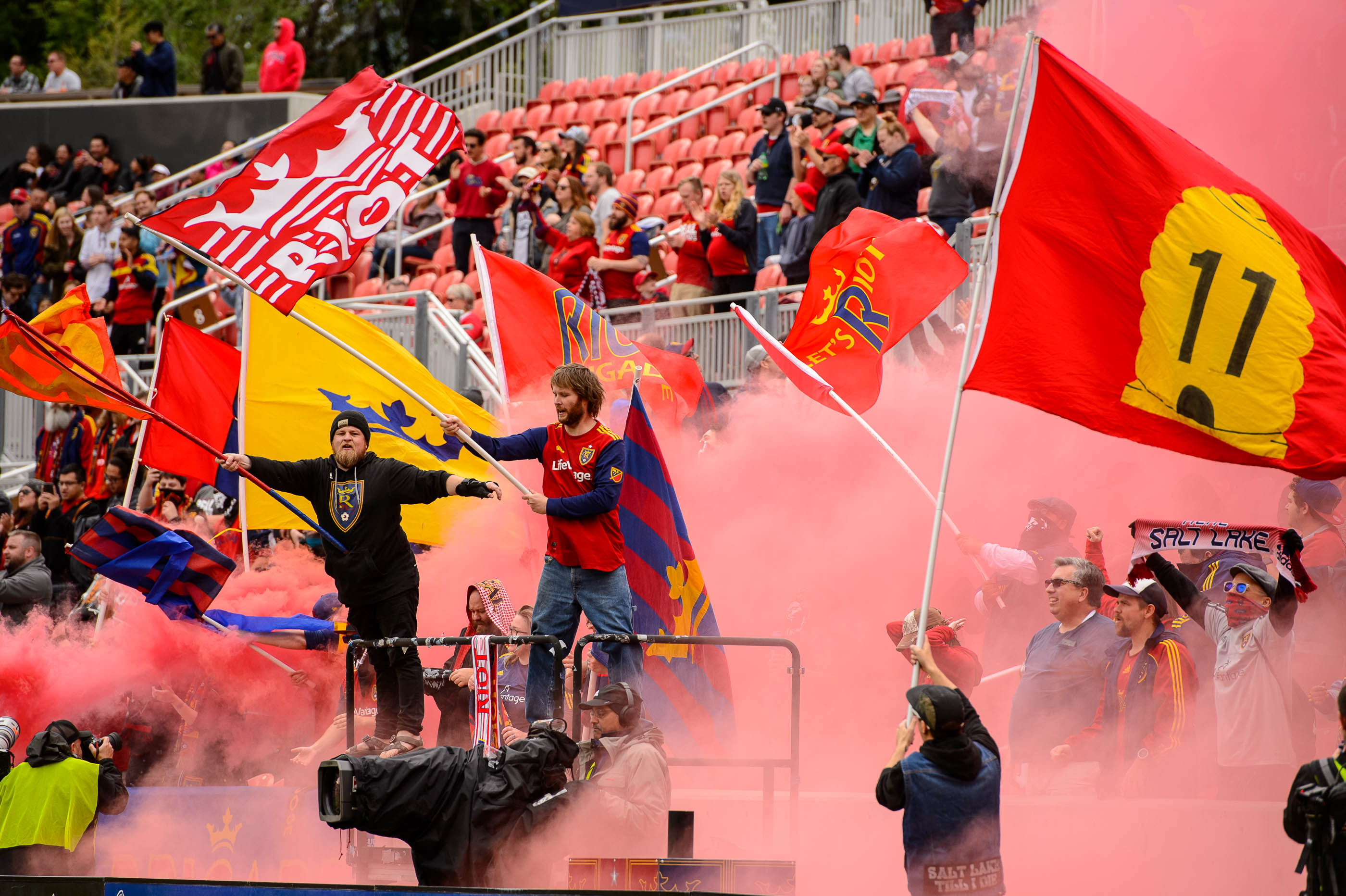 (Trent Nelson | The Salt Lake Tribune) Real Salt Lake fans celebrate a goal as Real Salt Lake hosts Toronto FC, MLS Soccer at Rio Tinto Stadium in Sandy on Saturday May 18, 2019.