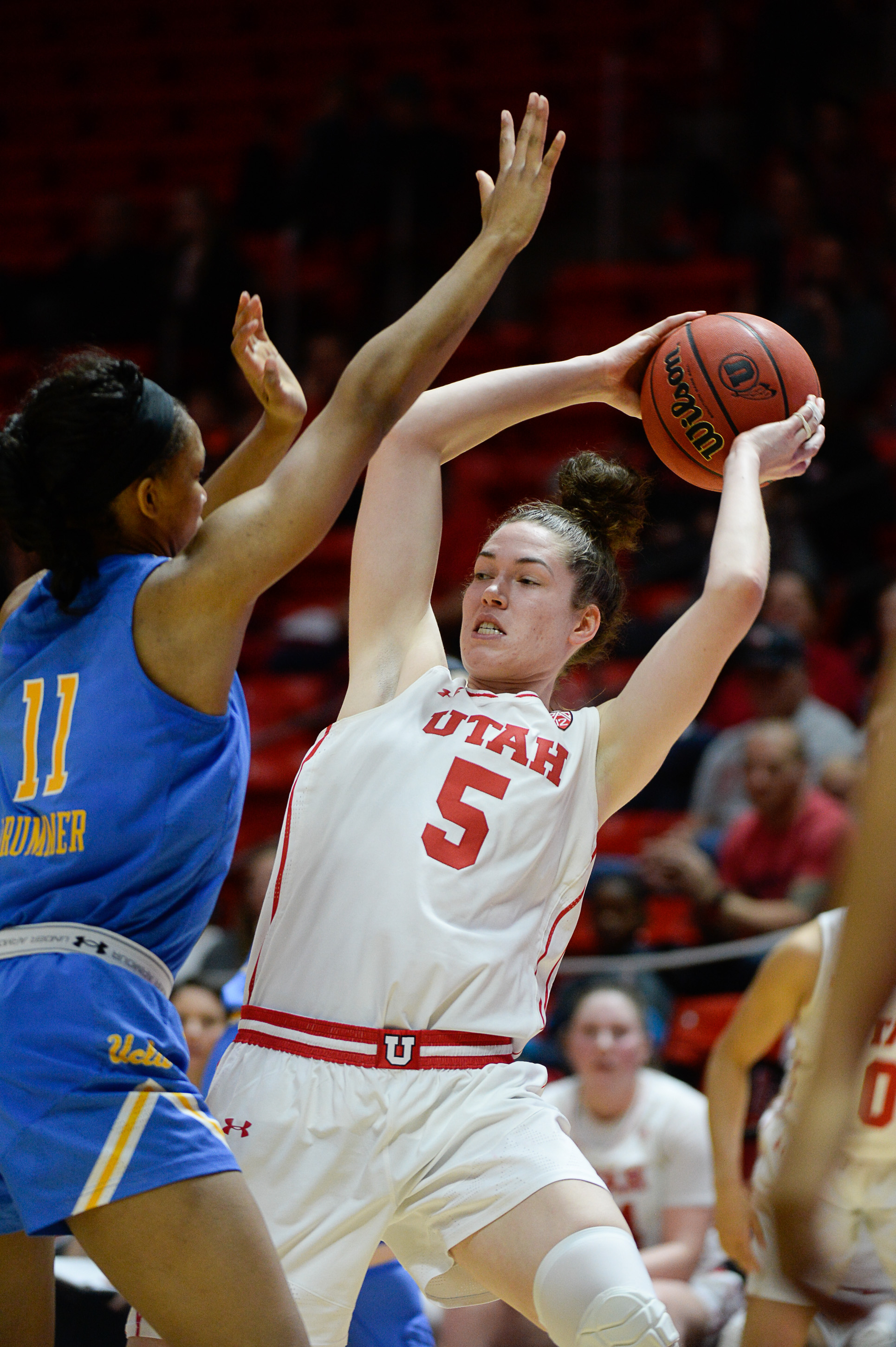 (Francisco Kjolseth | The Salt Lake Tribune) UCLA Bruins forward Lajahna Drummer (11) pressures Utah Utes forward Megan Huff (5) at the Jon M. Huntsman Center in Salt Lake City on Sunday, Feb. 10, 2019.