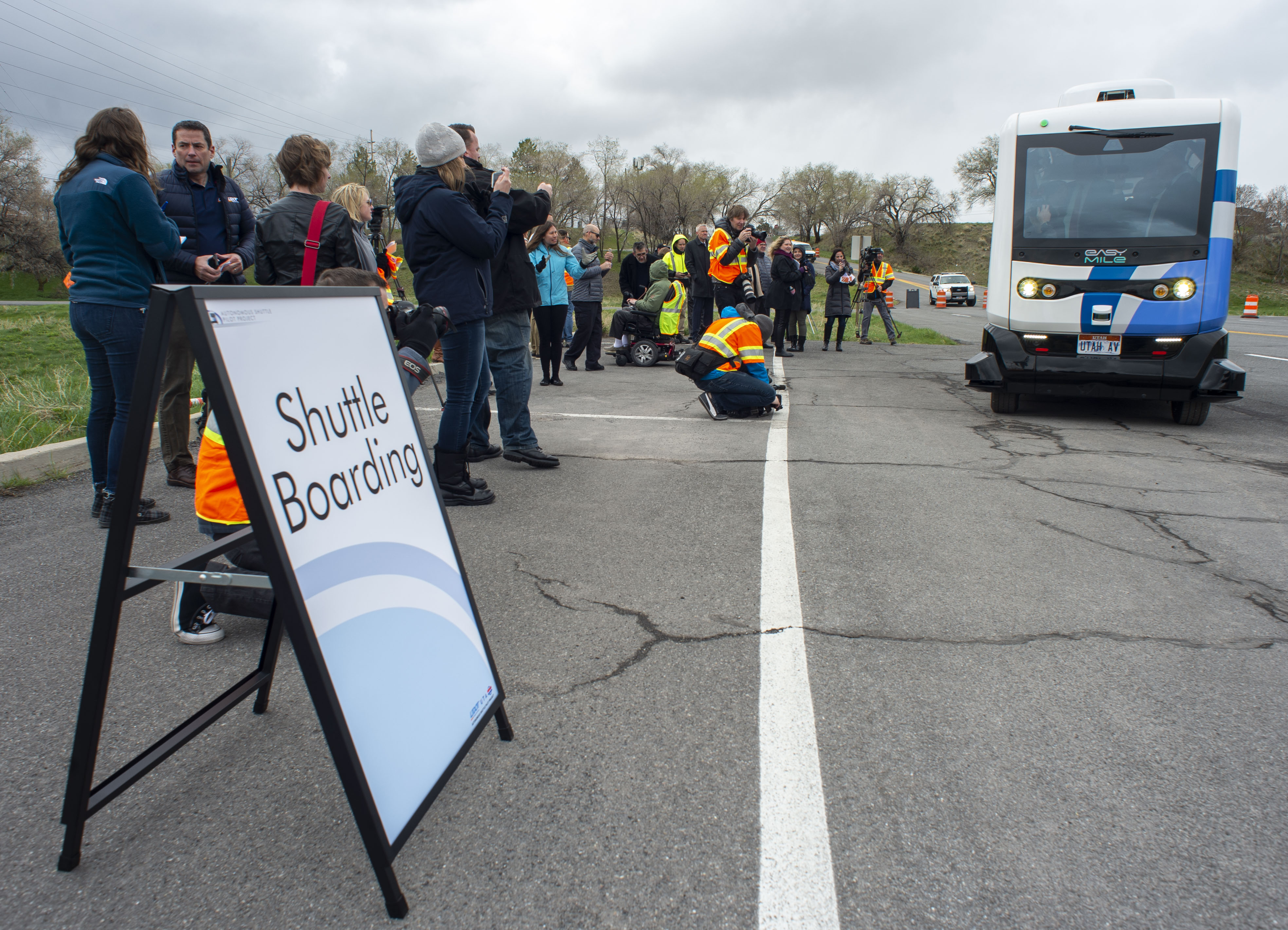 (Rick Egan | The Salt Lake Tribune) The Autonomous Shuttle stops to pick up riders, during a demonstration as the Utah Department of Transportation, in partnership with the Utah Transit Authority, launched a new Autonomous Shuttle Pilot Project at the test track is across the street from UDOT headquarters on the west side of 2700 West. Thursday, April 11, 2019. 