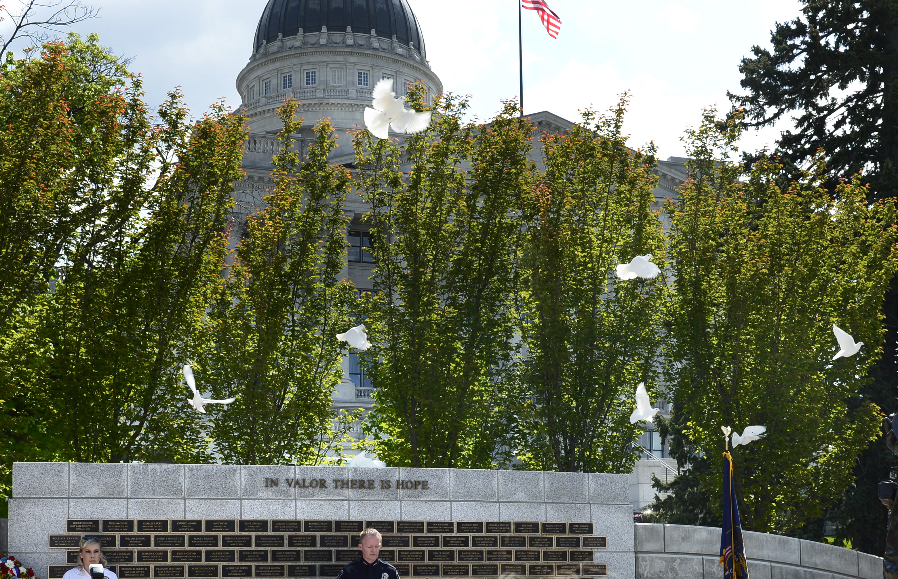 (Scott Sommerdorf | The Salt Lake Tribune) Doves are released at the Utah Law Enforcement Memorial to honor the 142 Utah police officers killed in the line of duty during the state's history, Thursday, May 3, 2018. No Utah law enforcement officer died in the line of duty last year.