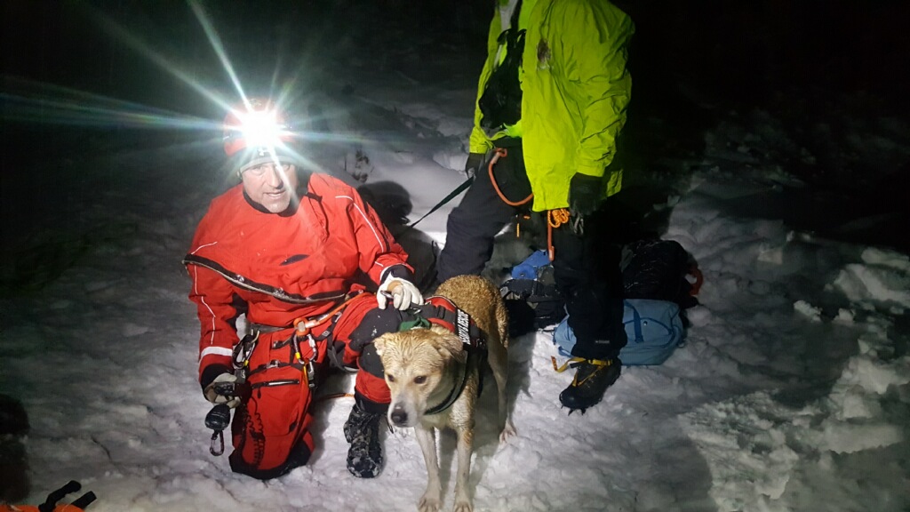 (Photo courtesy of the Utah County Sheriff's Office) Rescuers help a dog that fell into a 40-foot snow cavern at Stewart Falls near Sundance Ski Resort. The dog, Beeroo, fell through a hole in the ceiling on Saturday, Feb. 2.