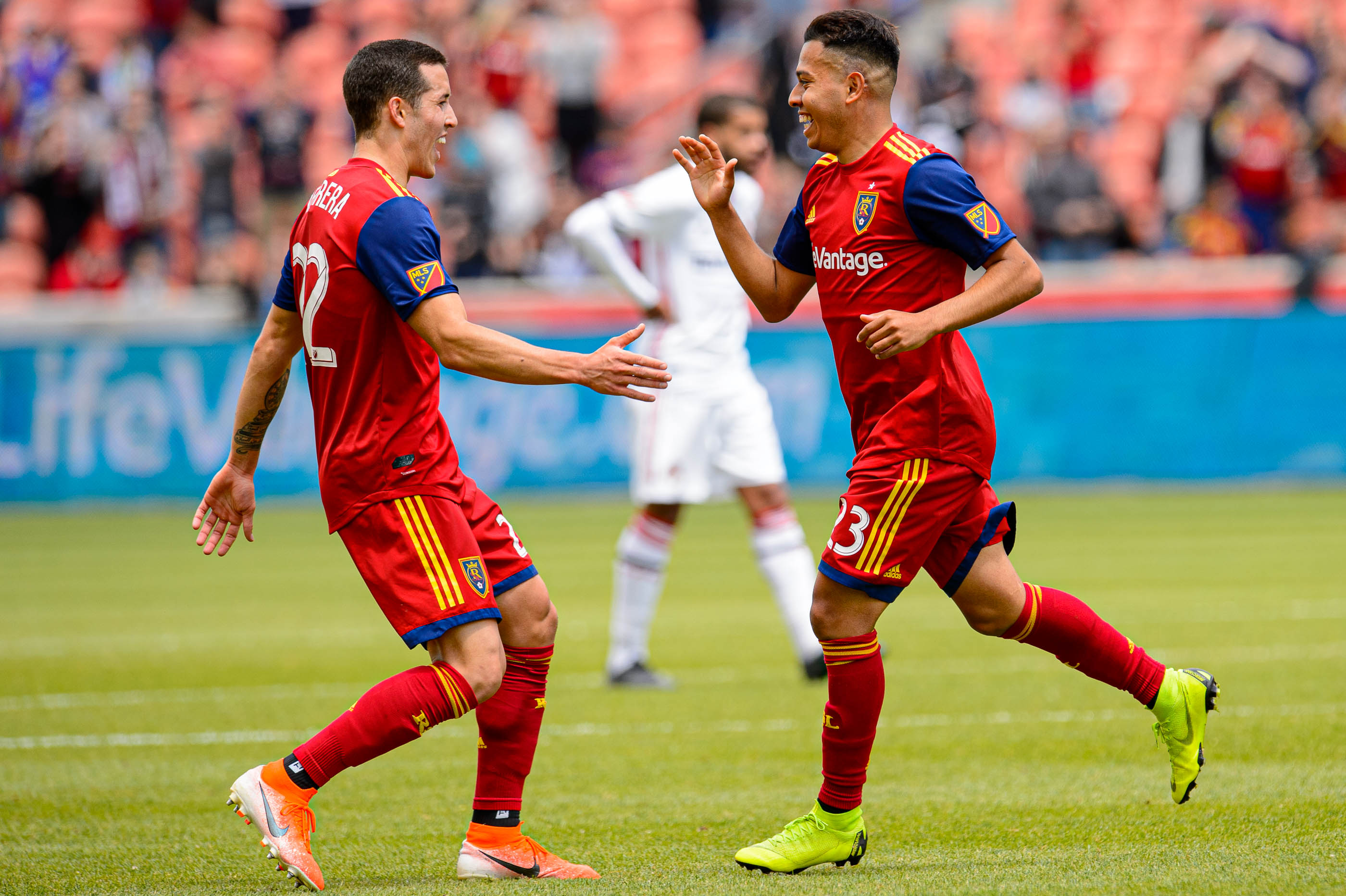 (Trent Nelson | The Salt Lake Tribune) Real Salt Lake midfielder Sebastian Saucedo (23, right) celebrates his first half goal with Real Salt Lake defender Aaron Herrera (22) as Real Salt Lake hosts Toronto FC, MLS Soccer at Rio Tinto Stadium in Sandy on Saturday May 18, 2019.