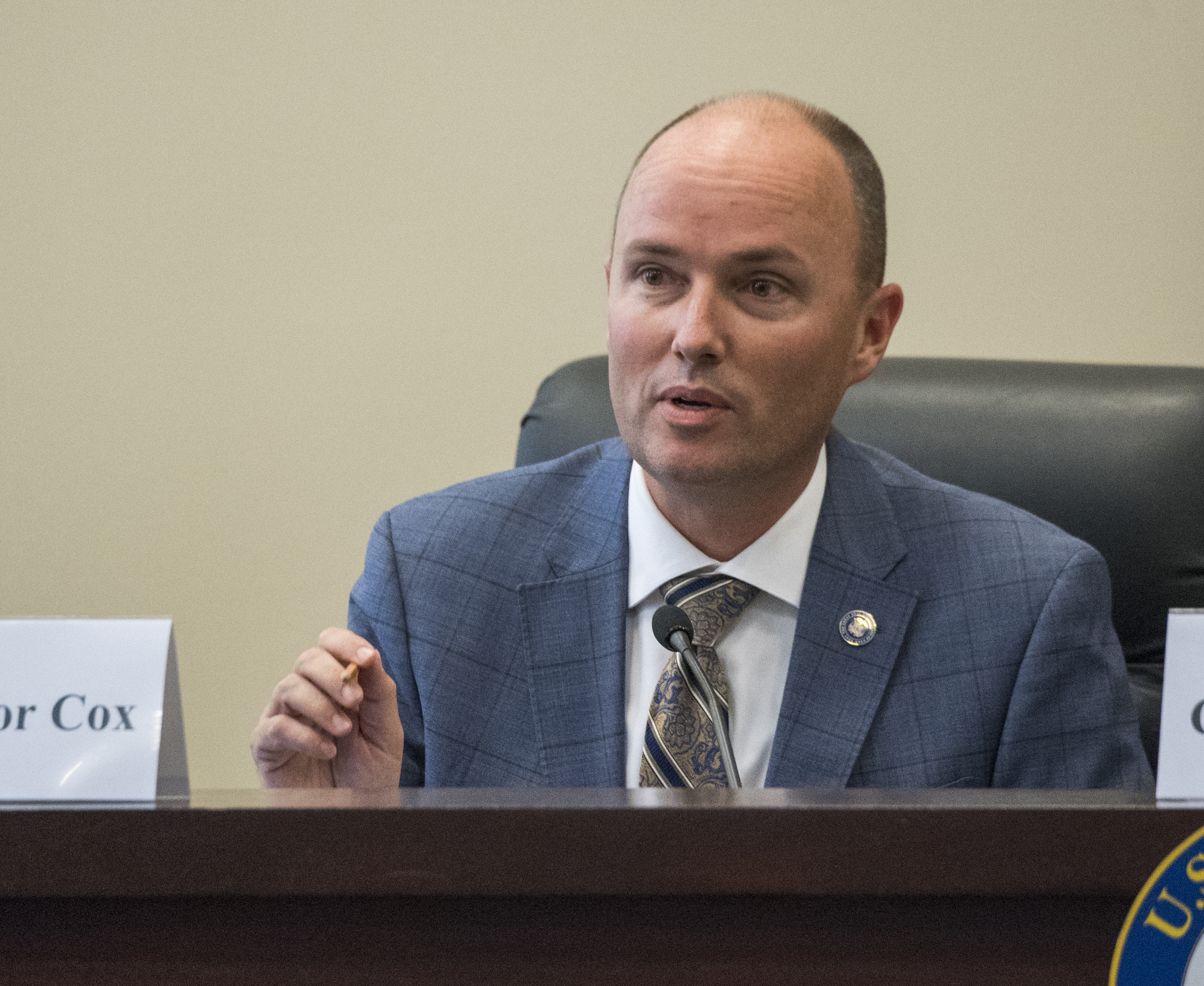 (Rick Egan | The Salt Lake Tribune) Lt. Gov. Spencer Cox, makes a comment as the U.S. House Natural Resources Committee (chaired by Rep. Rob Bishop) holds a forum about how to address catastrophic wildfires, at the State Senate Building, Thursday, Aug. 30, 2018. 