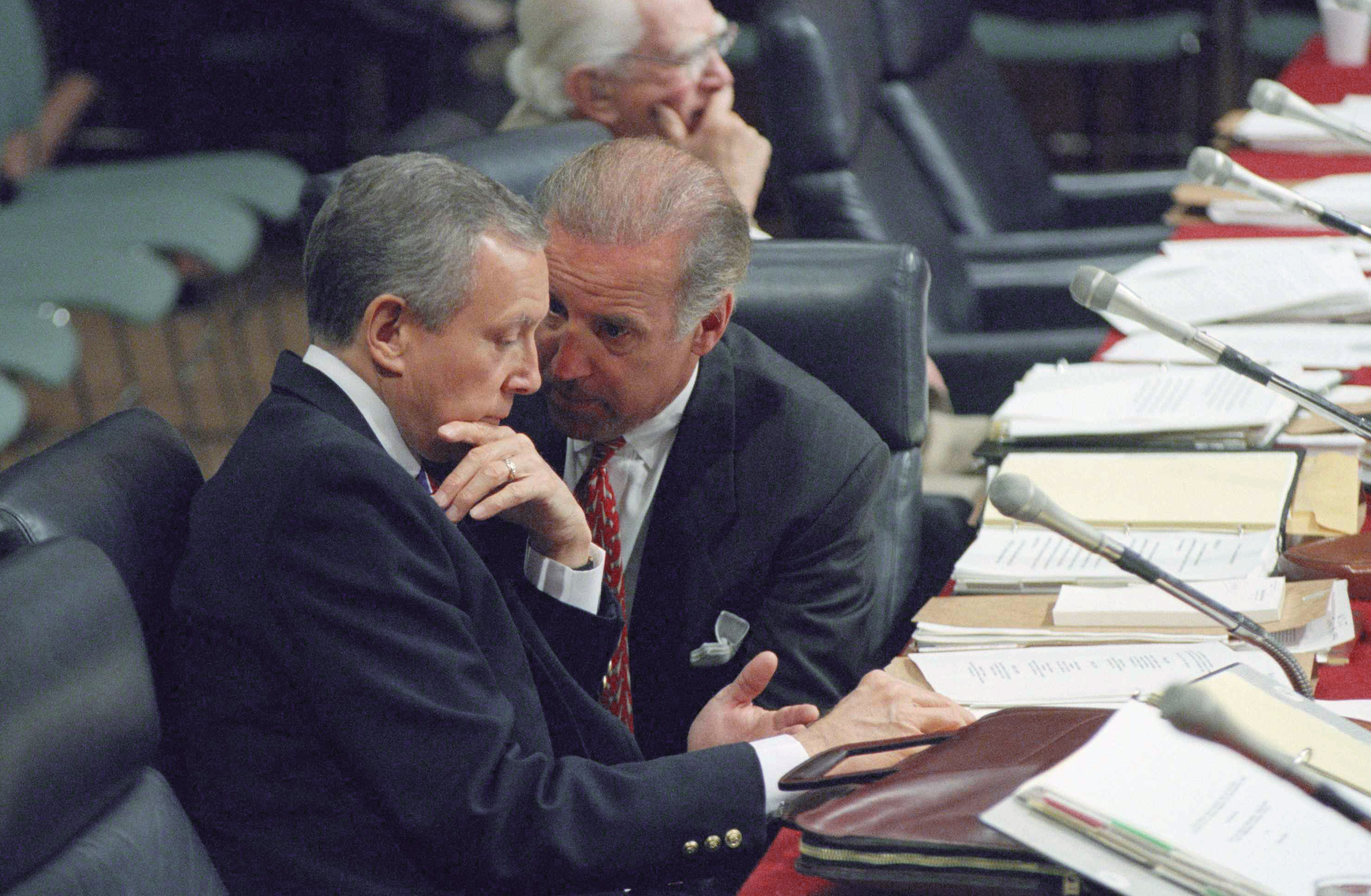 (John Duricka | AP Photo) Sen. Joseph Biden, D-Del., chairman of the Senate Judiciary Committee, right, huddles with Sen. Orrin Hatch, R-Utah, during a confirmation hearing for Supreme Court nominee Stephen Breyer, on Capitol Hill in Washington, July 15, 1994. The committee was hearing testimony from those opposed to Breyer's nomination.