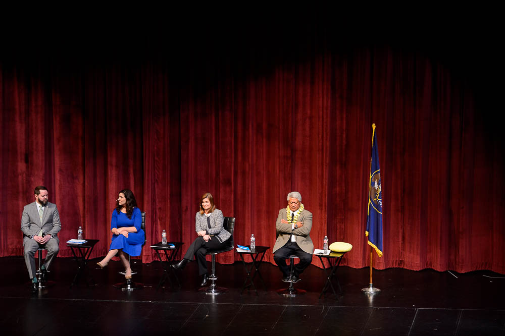 (Trent Nelson | The Salt Lake Tribune) The four candidates for Salt Lake County mayor face off in a debate at Jordan High School in Sandy on Thursday Jan. 24, 2019. From left, Arlyn Bradshaw, Shireen Ghorbani, Jenny Wilson, and Stone Fonua.