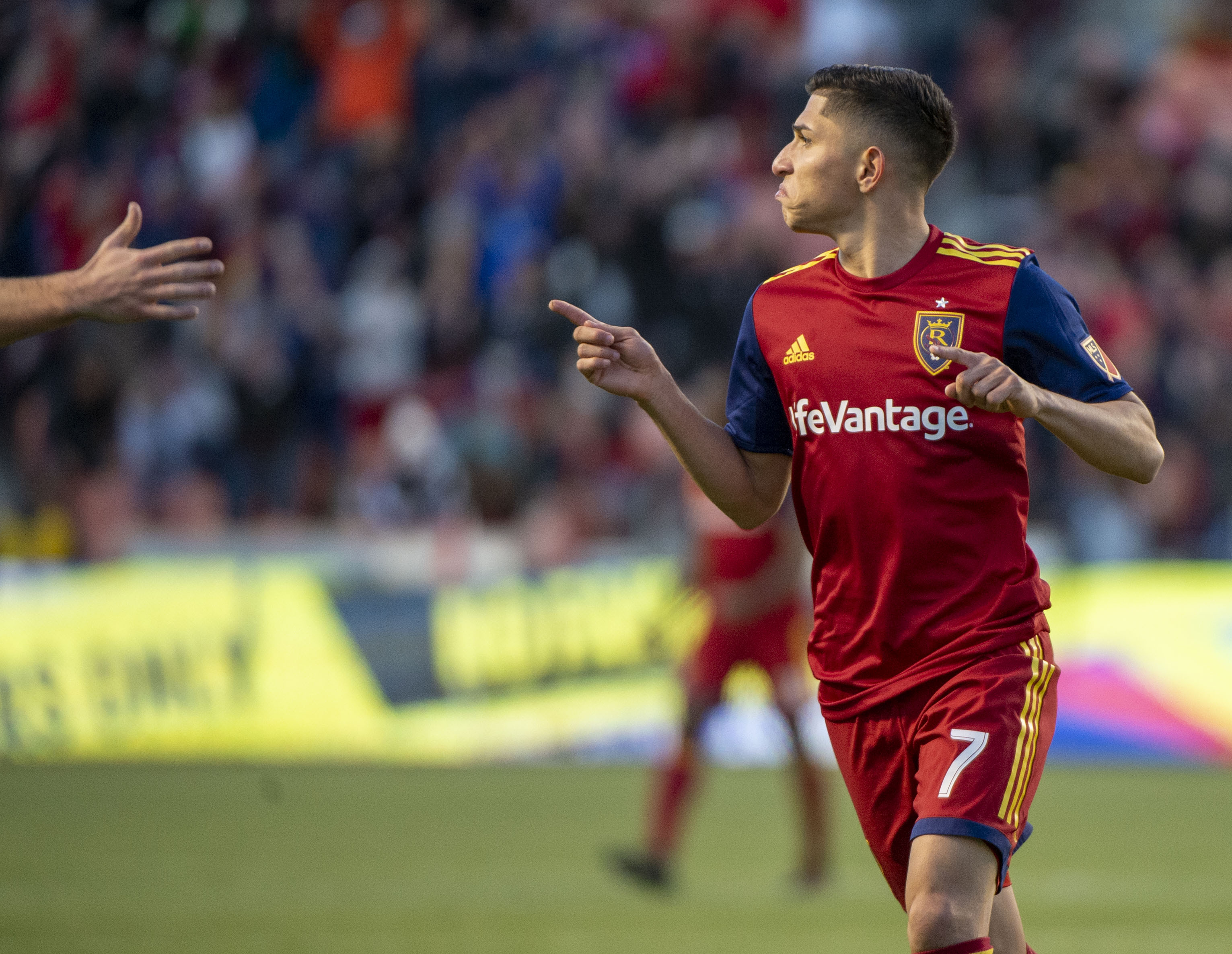 (Rick Egan | The Salt Lake Tribune) Real Real forward Jefferson Savarino (7) races after scoring a goal for Salt Lake, in MLS action between Real Salt Lake and FC Dallas, at Rio Tinto Stadium, Saturday, March 30, 2019. 
