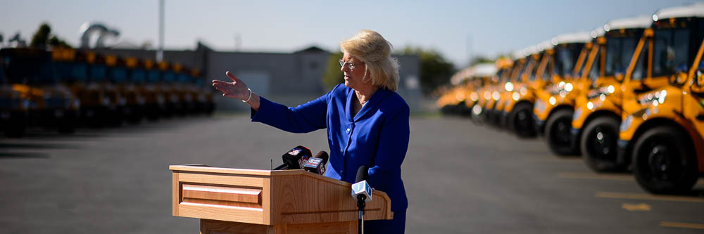 (Trent Nelson | The Salt Lake Tribune) Dr. Patrice Johnson speaks at a news conference introducing thirty-six new CNG school buses have been added to the Jordan School District fleet this year, bringing the total to 105, the largest fleet of CNG school buses in Utah. Wednesday Sept. 12, 2018.