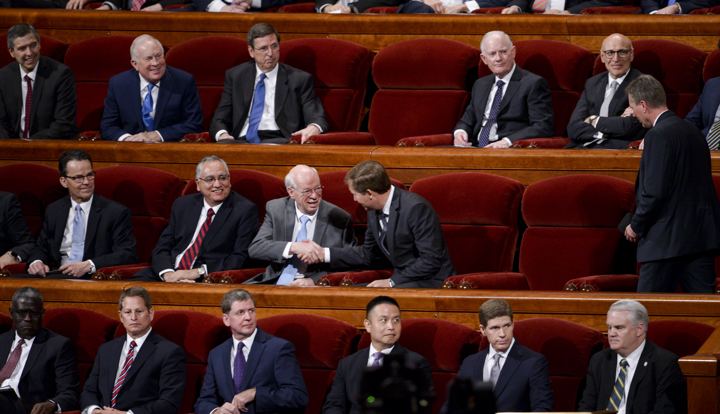 Leah Hogsten | The Salt Lake Tribune Ten new general authority Seventies take their seats during 189th Annual General Conference of The Church of Jesus Christ of Latter-day Saints, April 6, 2019 in Salt Lake City. 