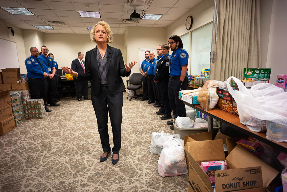 (Trent Nelson | The Salt Lake Tribune) Salt Lake City Mayor Jackie Biskupski had pizza delivered to TSA and other federal employees to thank them for working at the airport without pay during the partial federal shutdown on Tuesday Jan. 22, 2019. Food from the Utah Food Pantry was stacked around the training room to cover the needs of employees.