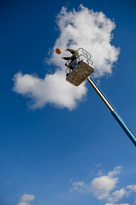 (Trent Nelson | The Salt Lake Tribune) Justin Fisher launches a pumpkin into the air at Glover Nursery in West Jordan on Saturday Nov. 3, 2018. The nursery held its annual pumpkin smash and food drive, dropping pumpkins from a cherry picker and collecting donations for the needy.