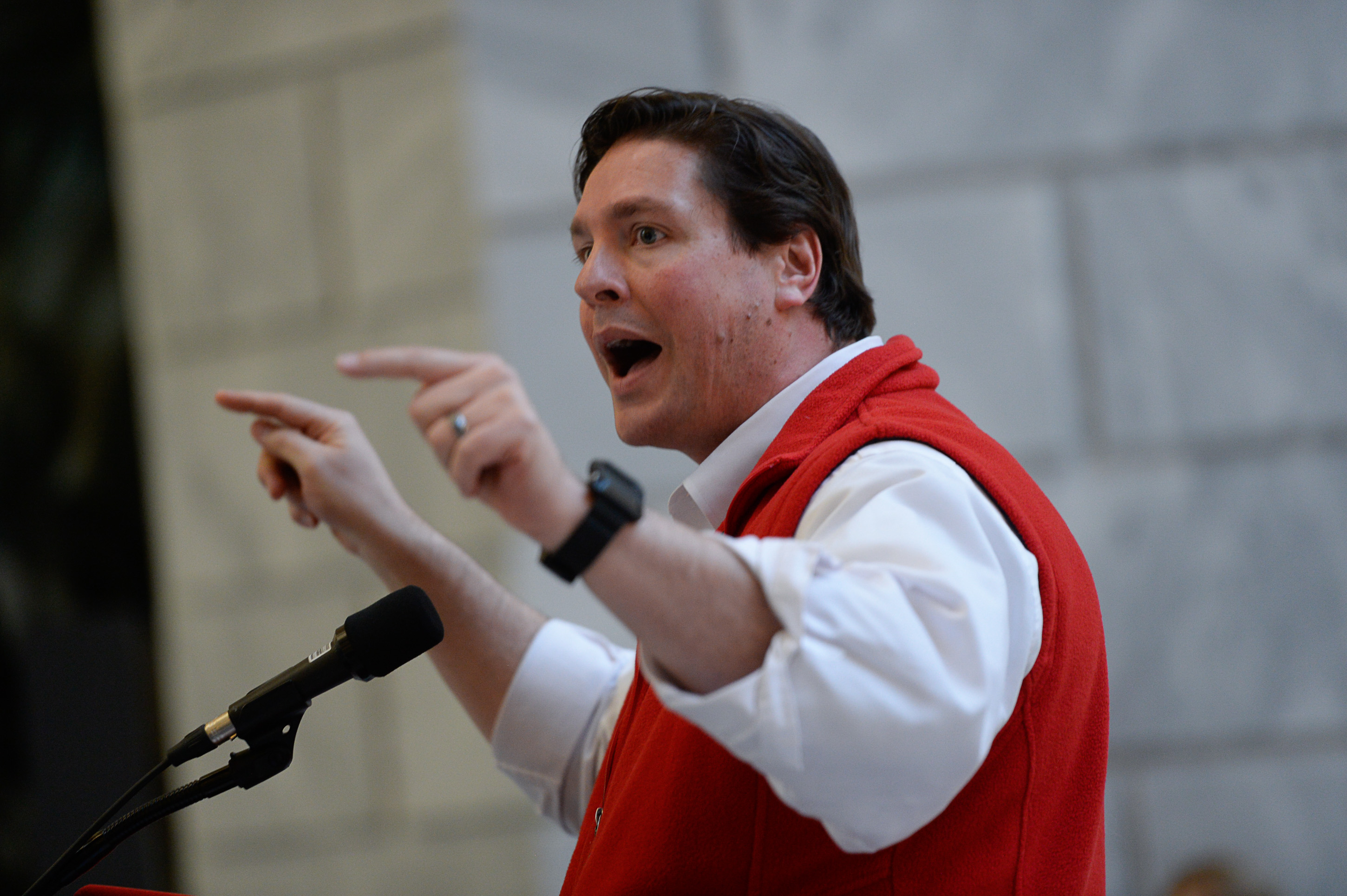 (Francisco Kjolseth | The Salt Lake Tribune) Alan Ormsby, State Director of the AARP encourages people to contact their representatives as over 300 demonstrators fill the Capitol rotunda on Monday, Jan, 28, 2019, on the first day of the Legislative session to rally in support of protecting Proposition 3, the Medicaid Expansion law recently passed by voters.